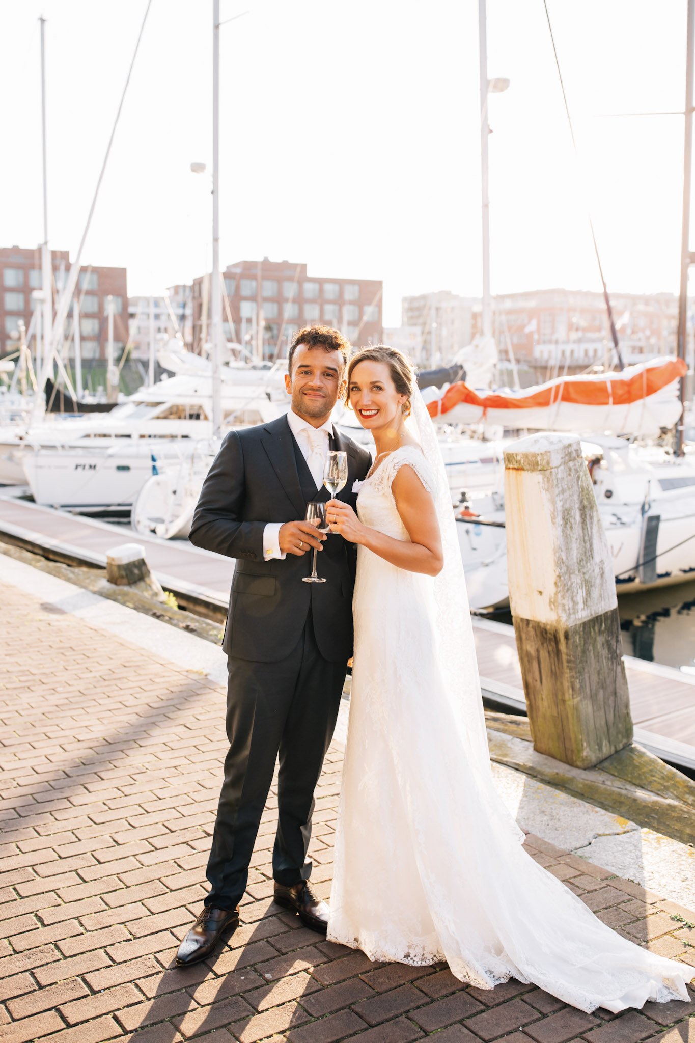 Wedding couple captured at the harbour in The Hague, Netherlands.