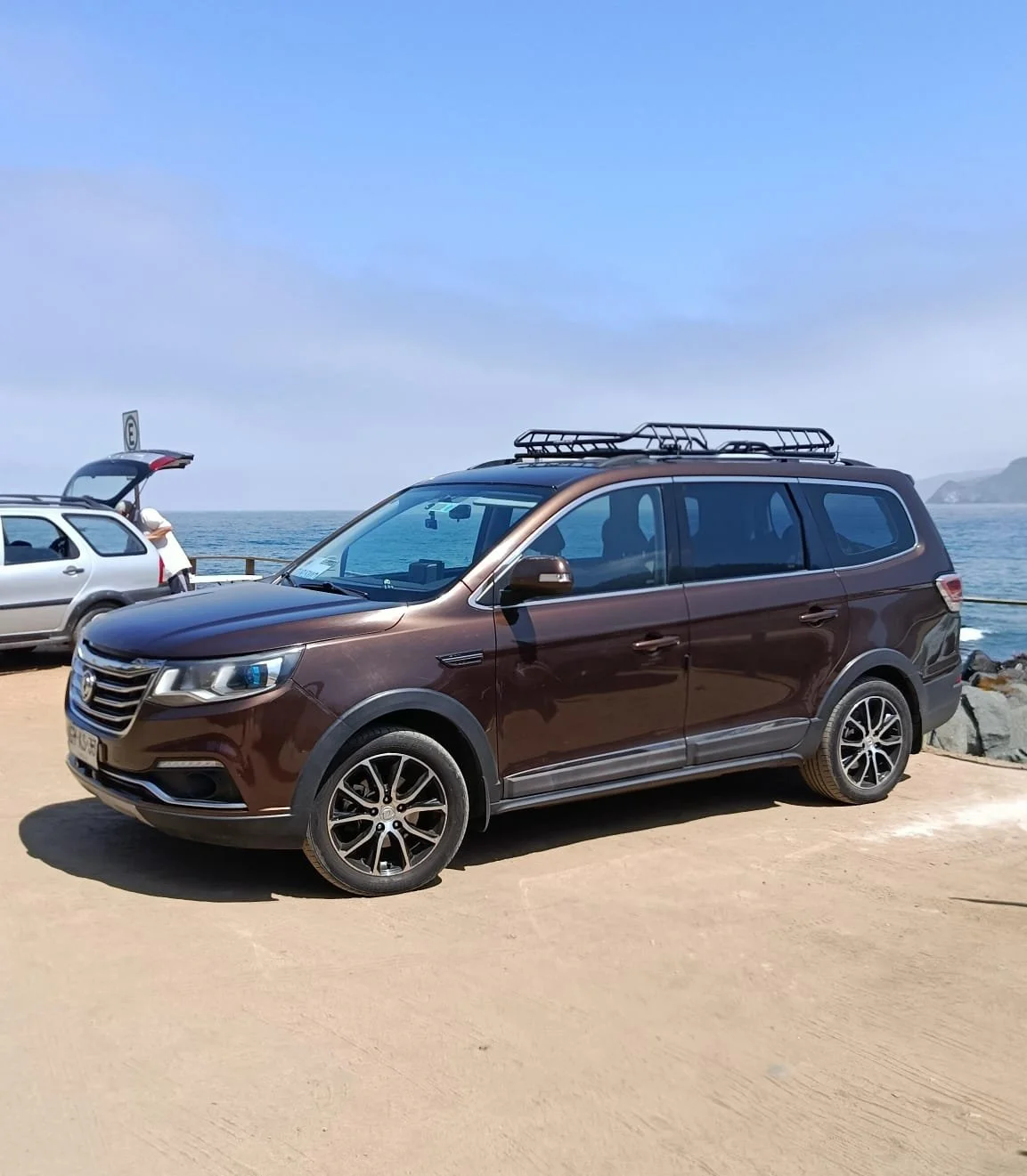 Brown SUV parked near the beach with ocean in the background, a silver car nearby, and a person looking into the trunk.