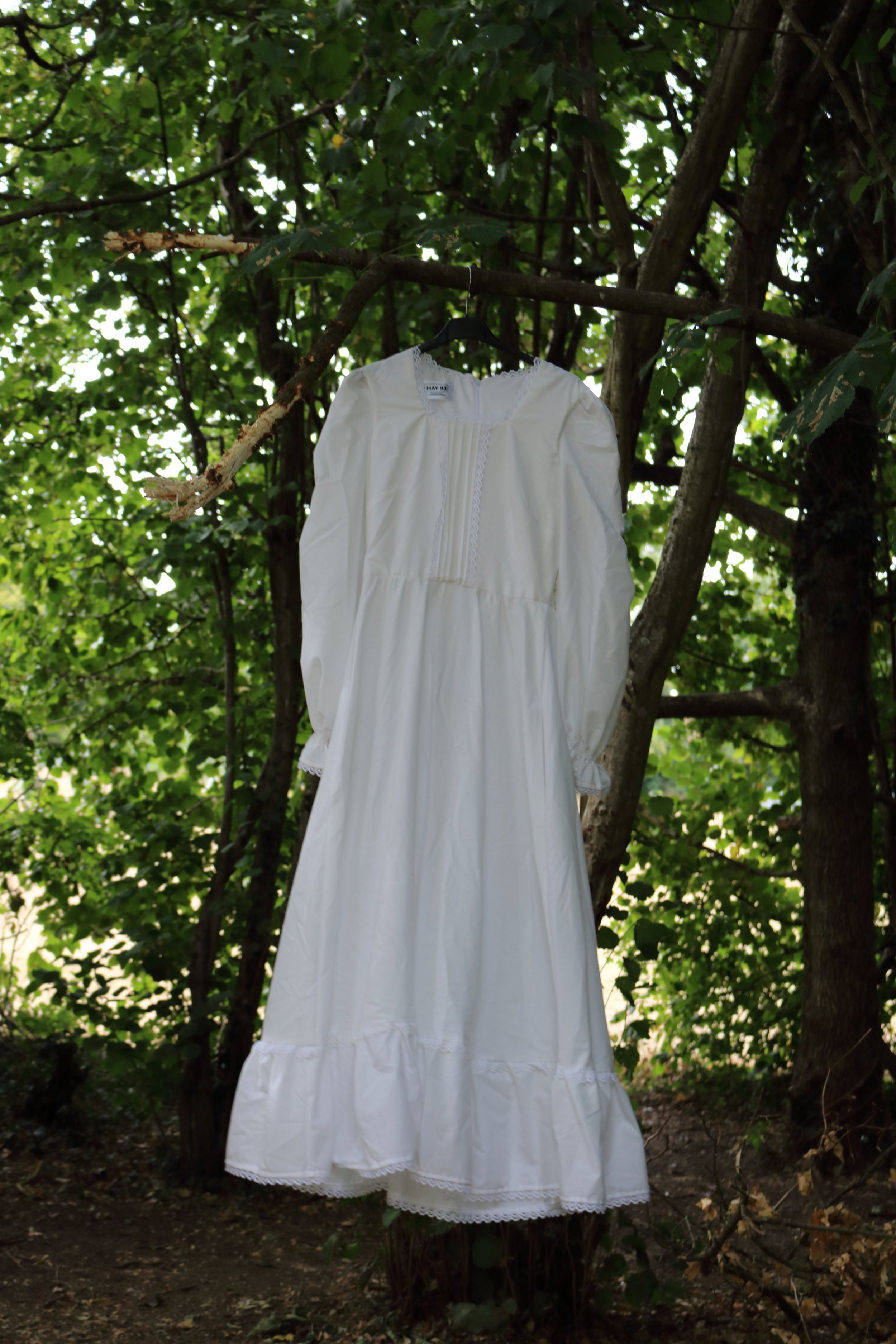 Joni dress, made from secondhand bedsheets and vintage lace.