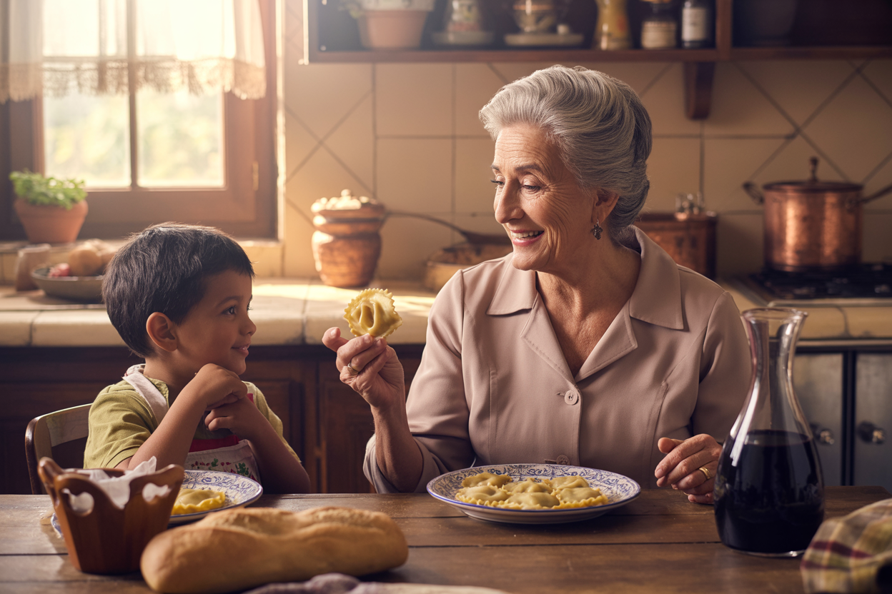 Grandmother and grandson enjoying a meal together at the kitchen table, with the grandmother holding a piece of ravioli while the grandson watches and smiles.