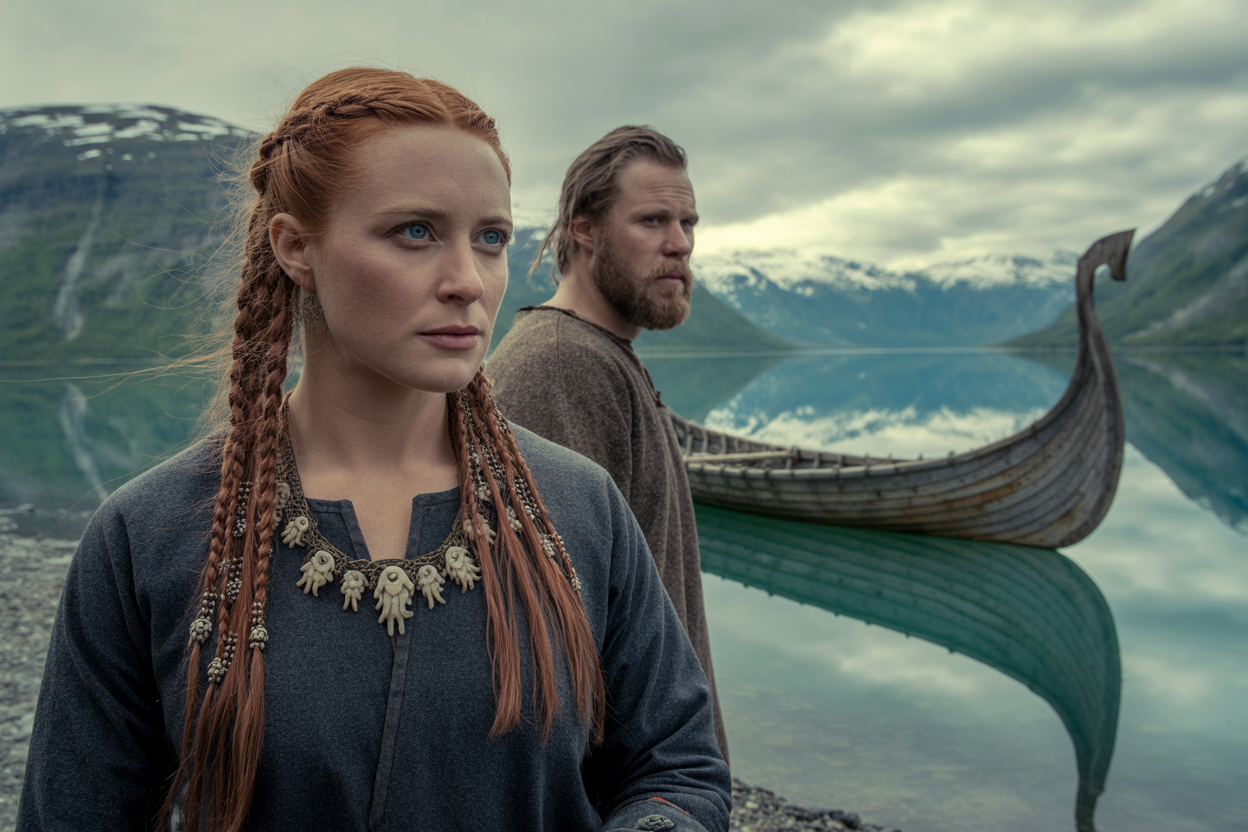 A red-haired woman with braided hair and a beaded necklace stands near a lake with mountains in the background, alongside a bearded man. There is a Viking-style wooden boat floating on the water.