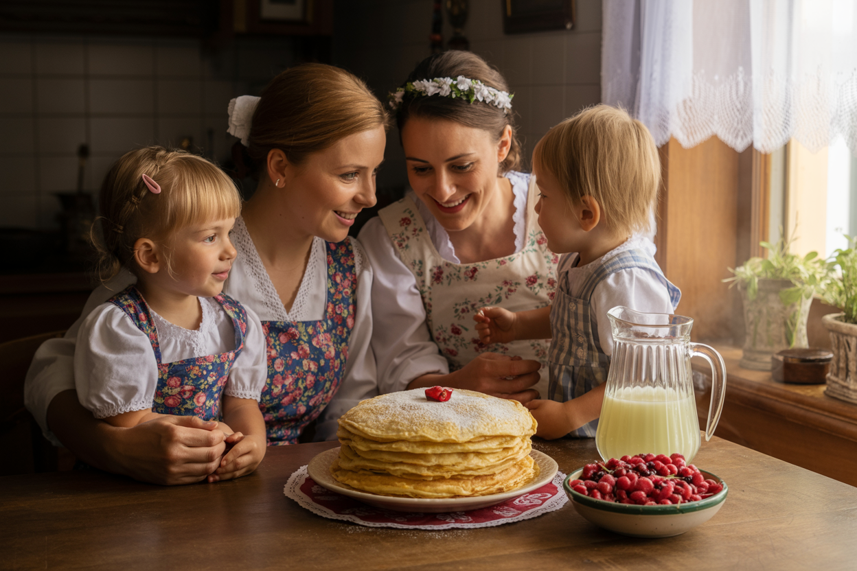 Two women and two children gathered around a table with a stack of pancakes, a bowl of red berries, a pitcher of lemonade, and a plate of pancakes topped with powdered sugar and a cherry.