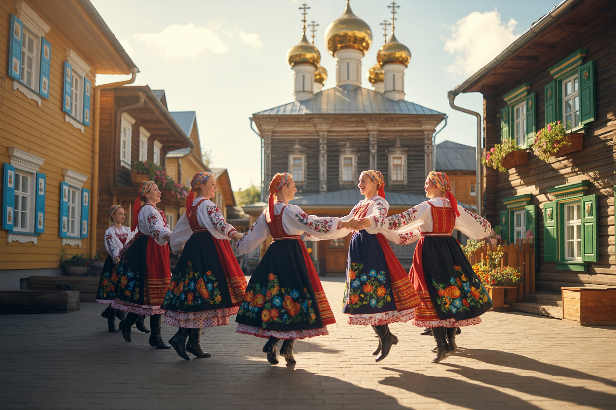 A group of women dressed in traditional Russian folk costumes dancing in a circle in a village street, with wooden houses and a church with golden domes in the background.