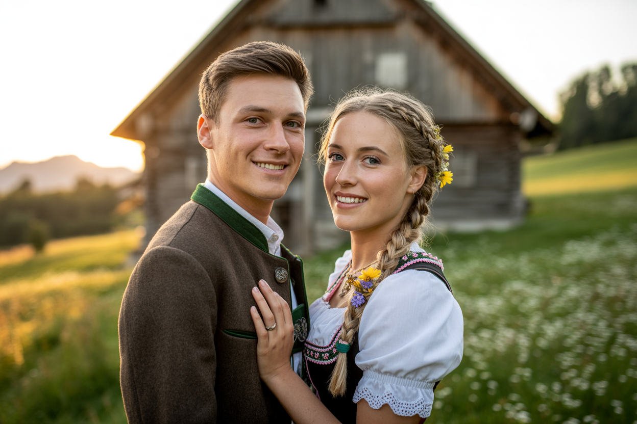 A young couple dressed in traditional Bavarian clothing standing outdoors in front of a rustic wooden house, smiling.
