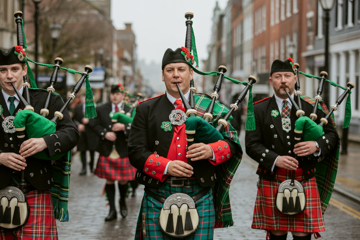 A group of men dressed in traditional Scottish attire playing bagpipes during a parade on a city street.