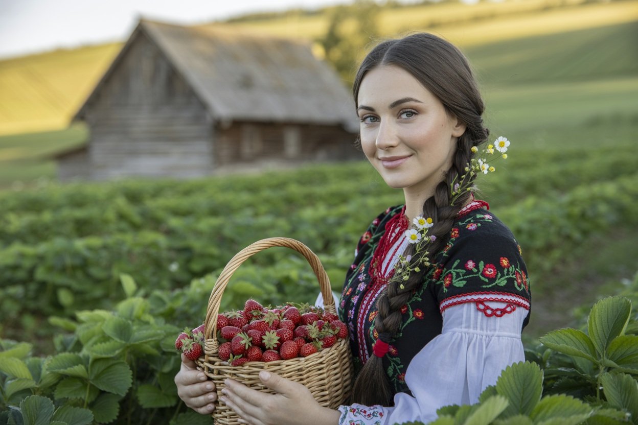 A young woman with long braided hair wearing traditional embroidered clothing, holding a basket of fresh strawberries in a green strawberry field with a rustic wooden barn in the background.