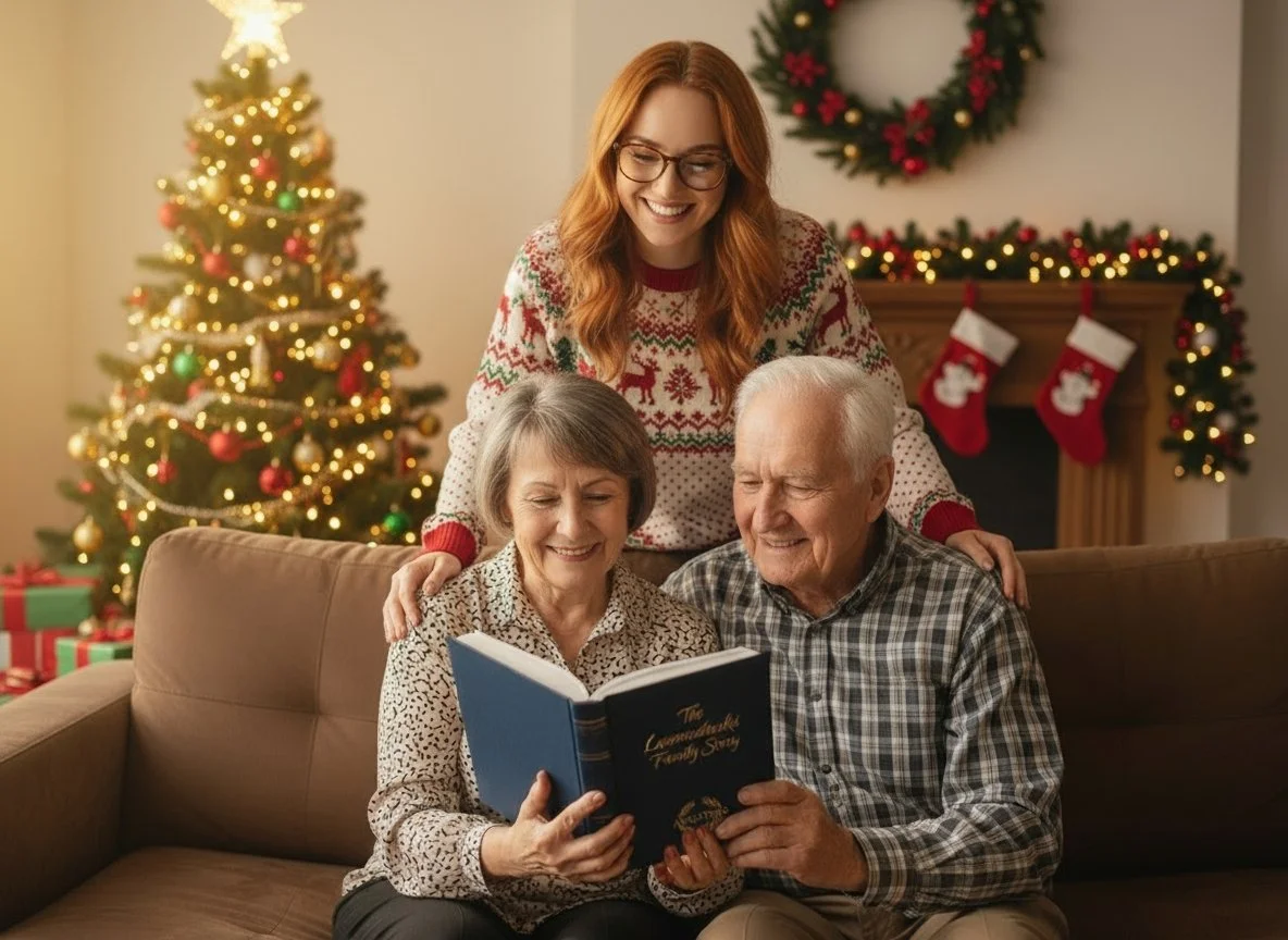 An elderly woman with gray hair holding a family history book, smiling, with a group of five young adults in the background, in a well-lit living room.