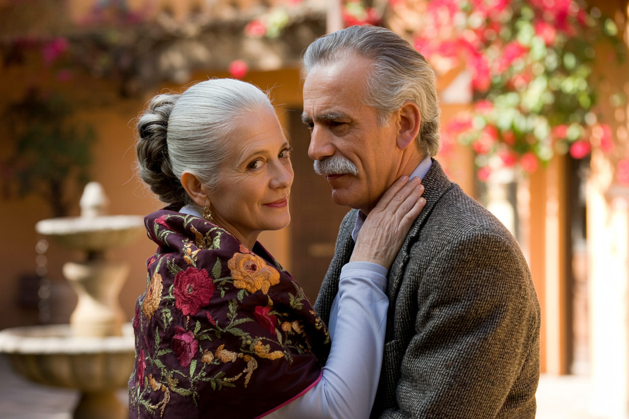 An elderly couple with gray hair and light skin stands closely together outdoors, with the woman gently holding the man's neck. The woman looks at the camera with a slight smile, while the man gazes at her with a serious expression. The background features a fountain and vibrant pink flowering trees.