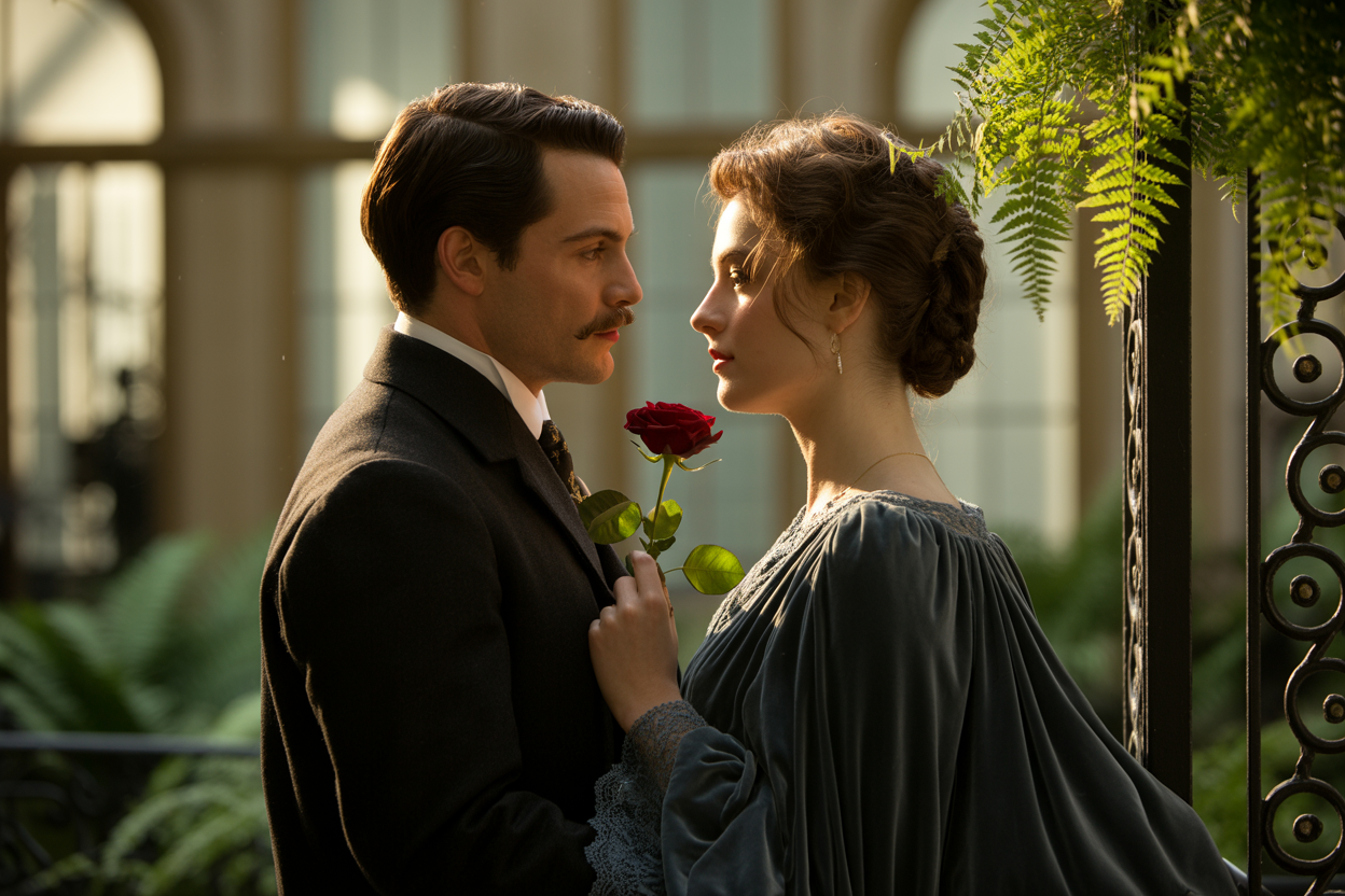 A man and woman face each other indoors with sunlight shining through a window, the man holding a red rose near the woman's chest, both gazing into each other's eyes.