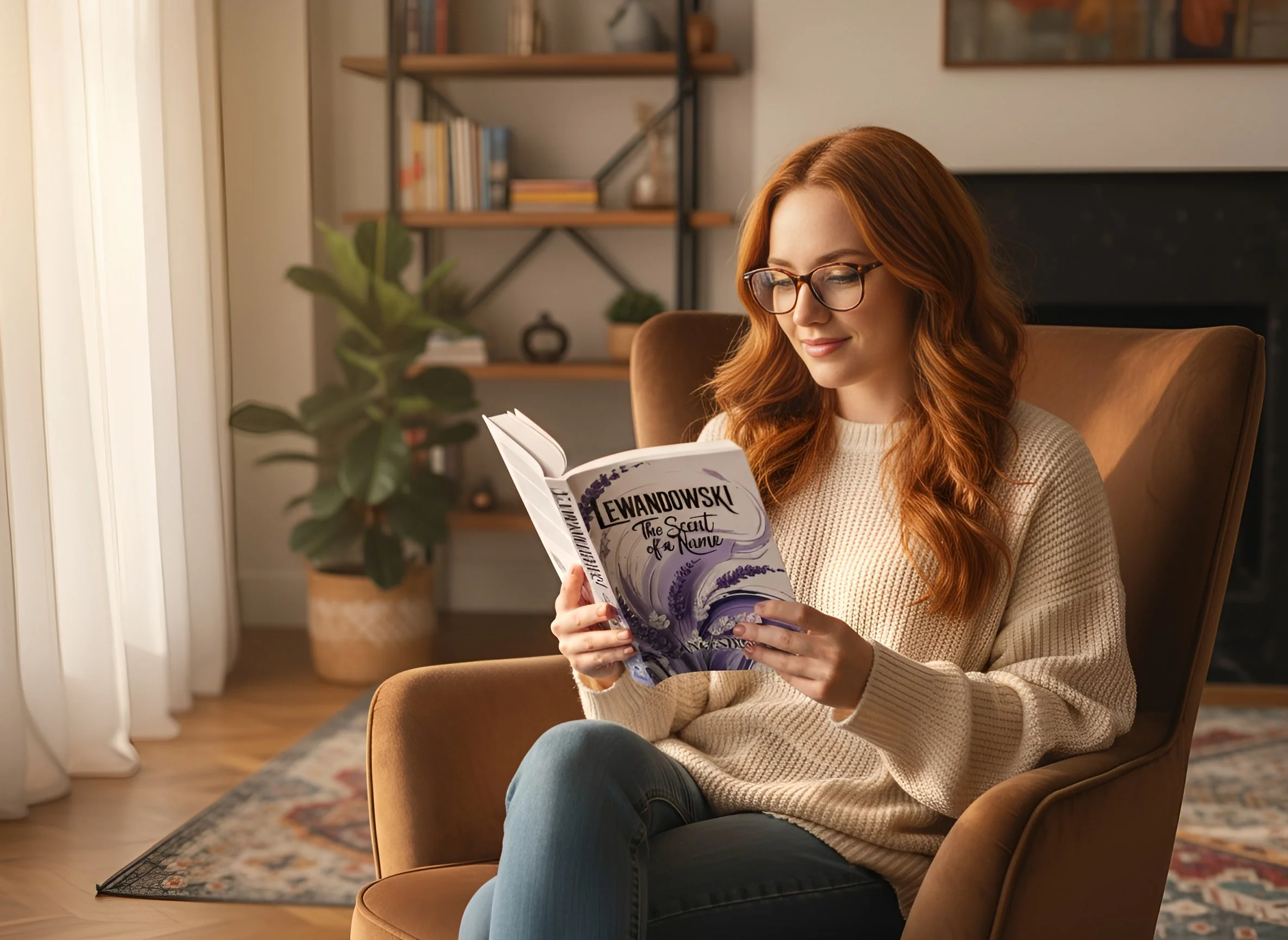 A young woman with red hair sitting in a cozy room, reading a blue book titled 'Echoes of a Surname' by Ancestry. There is a teacup on a wooden table next to her and a bookshelf filled with books in the background.