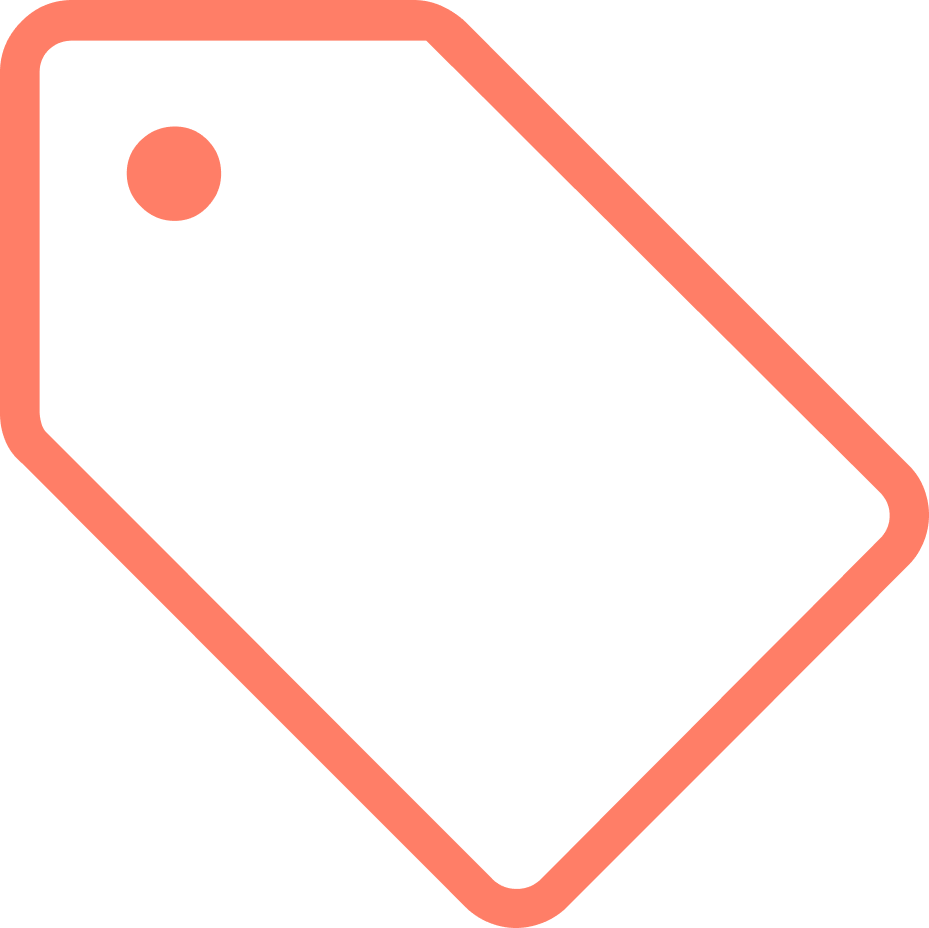 A black and orange price tag with a rounded hole at the top left corner.