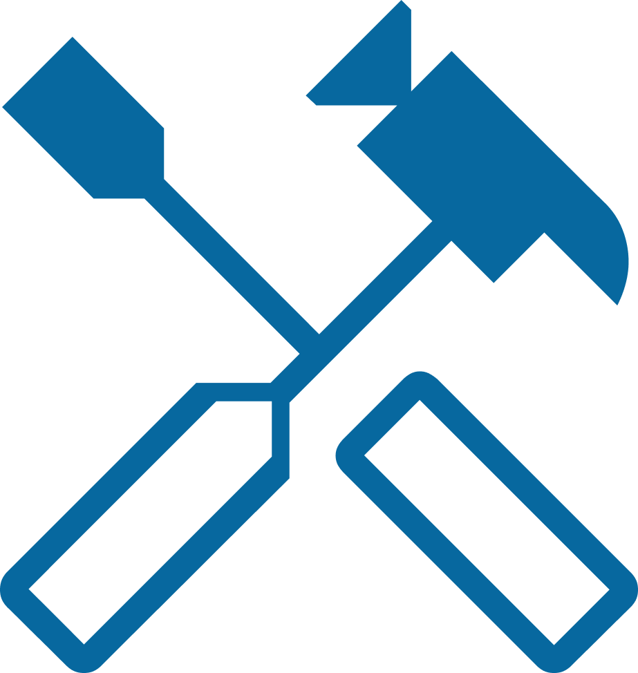 A blue and black illustration of a hammer and a chisel crossing each other.