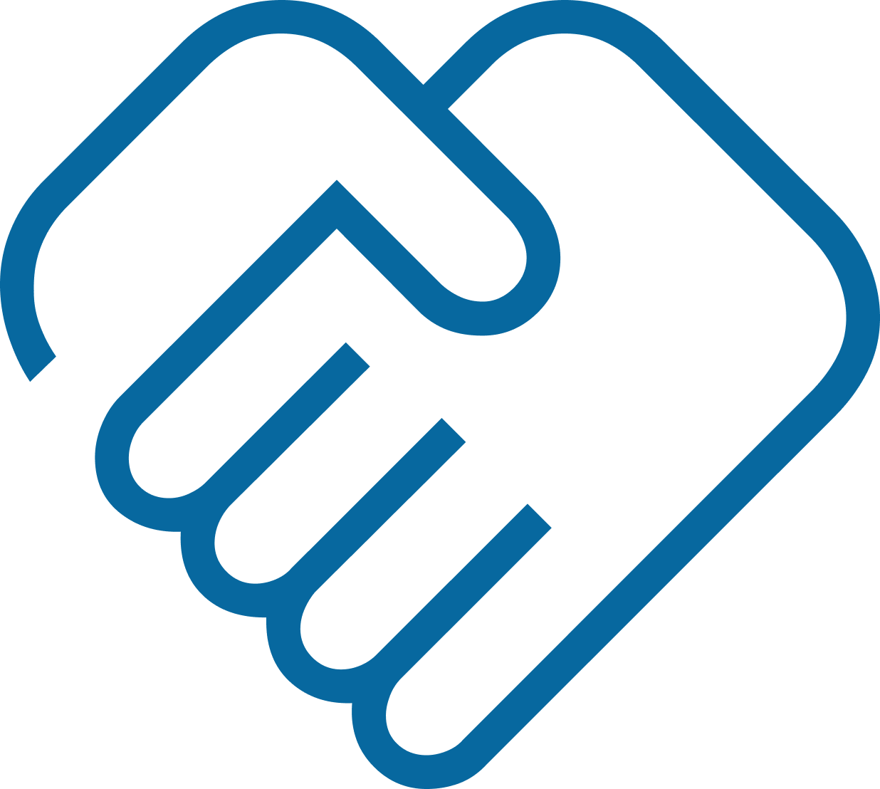 Icon of two hands shaking, outlined in blue.
