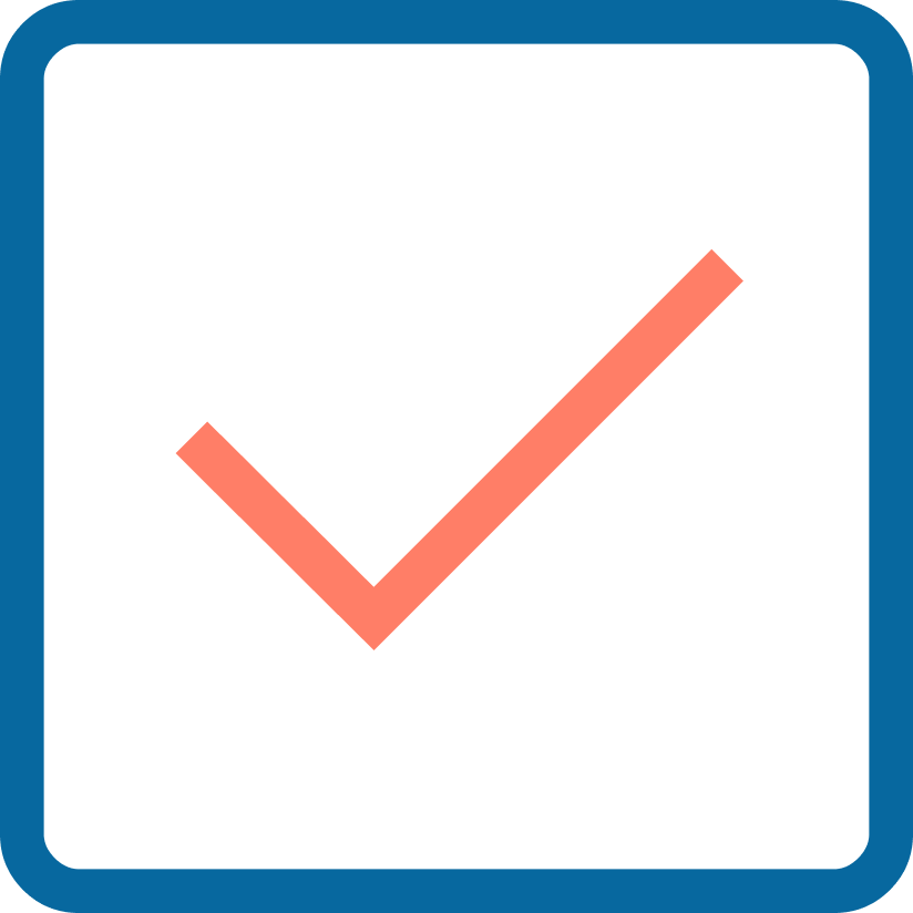 Checkmark symbol inside a black square with a blue border.