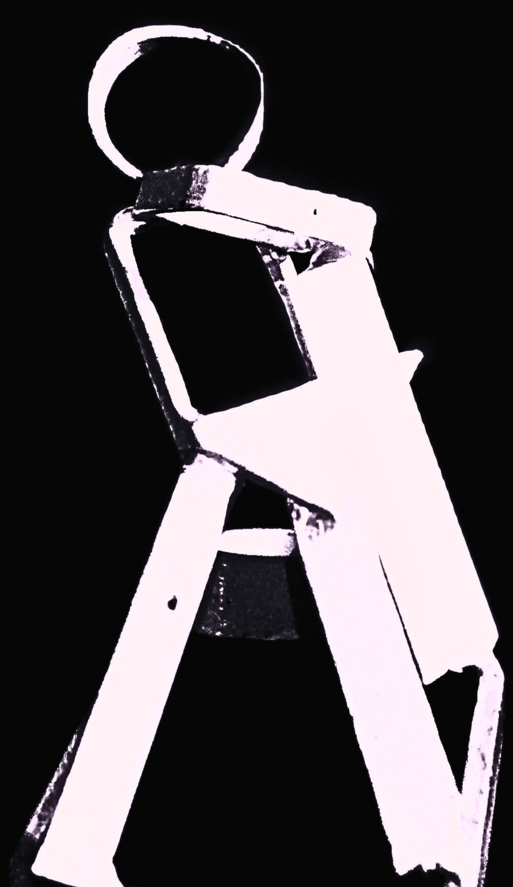 Black and white stylized drawing of a step ladder against a black background.