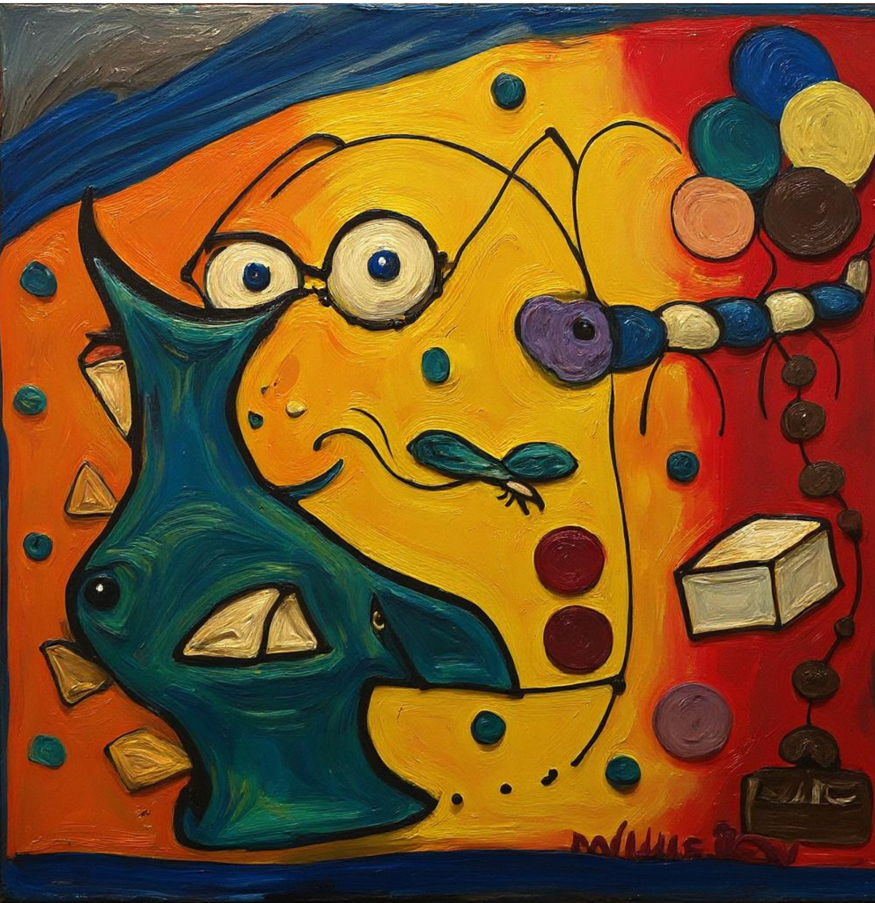 Abstract painting with bright colors, featuring a fish, a distorted face with glasses, and various shapes like circles, triangles, and a cube.