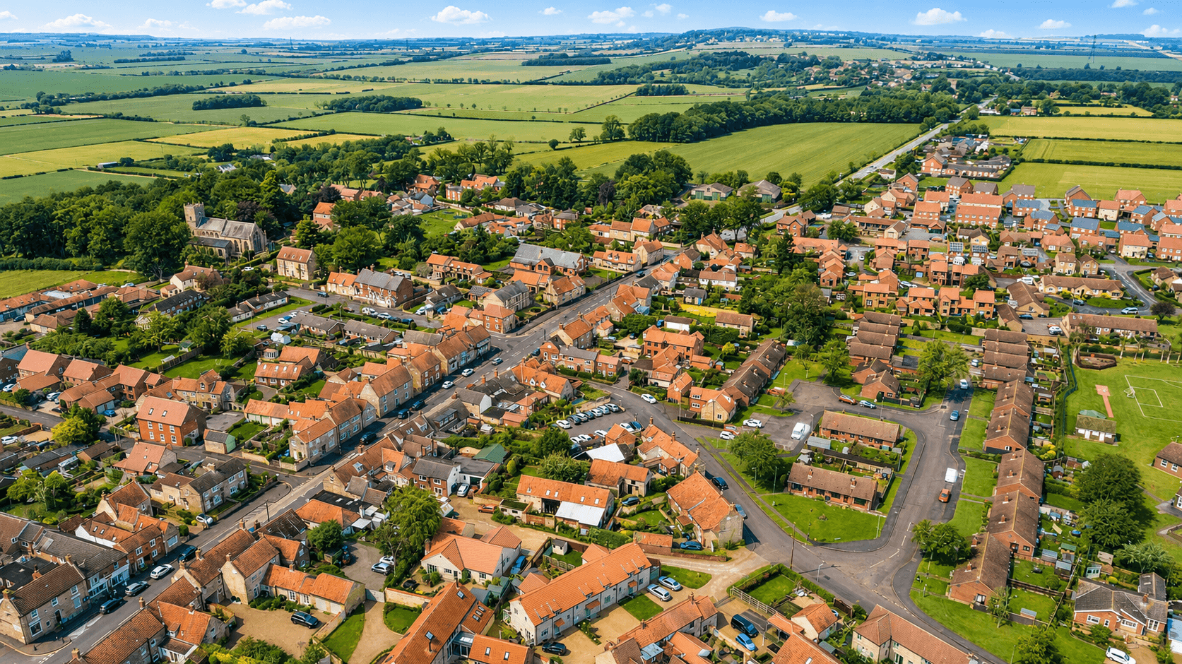 Bird's-eye view of Navenby village in Lincolnshire, home to Dress Me Up boutique.