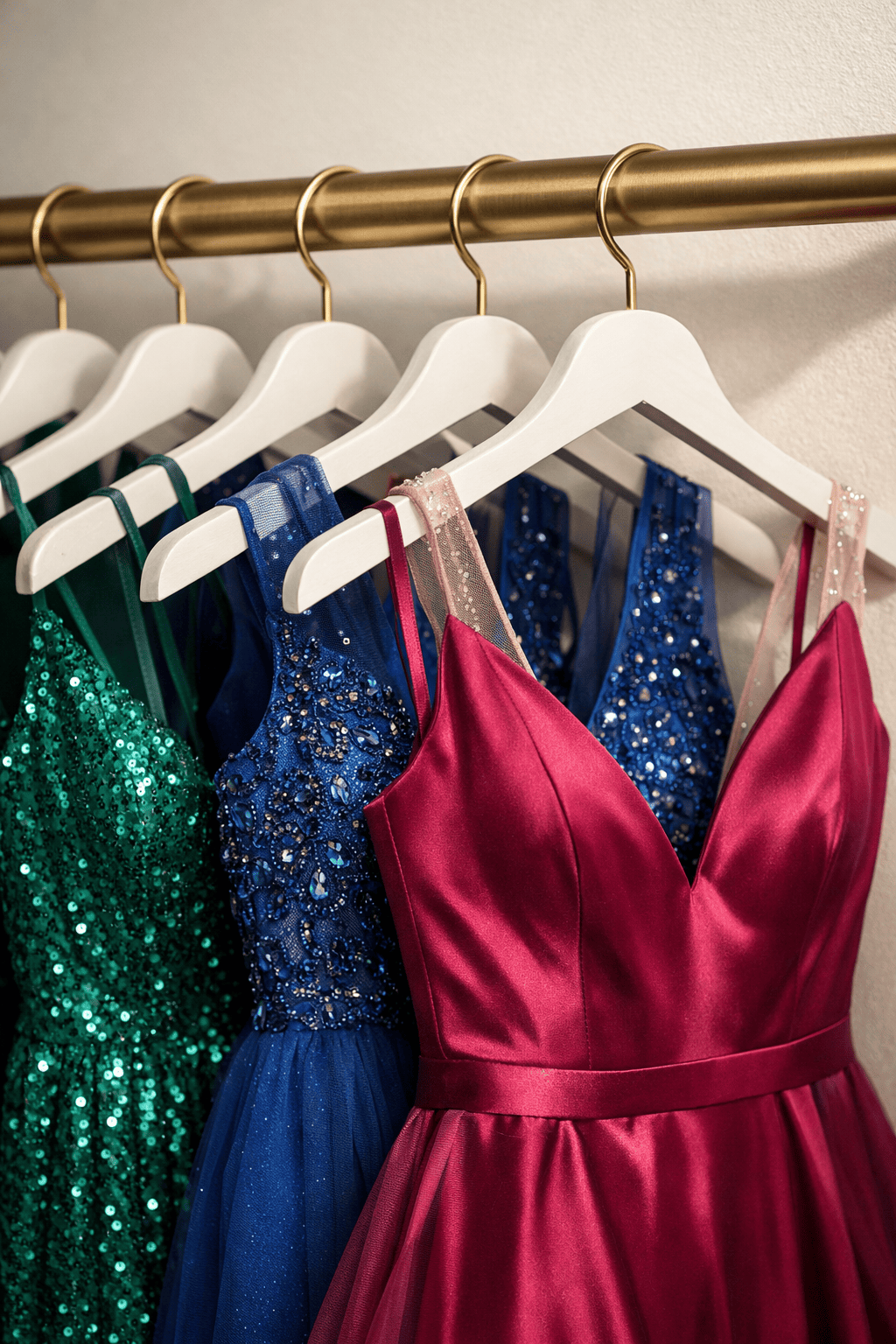 Colorful fancy dresses hanging on white hangers on a gold clothing rack.