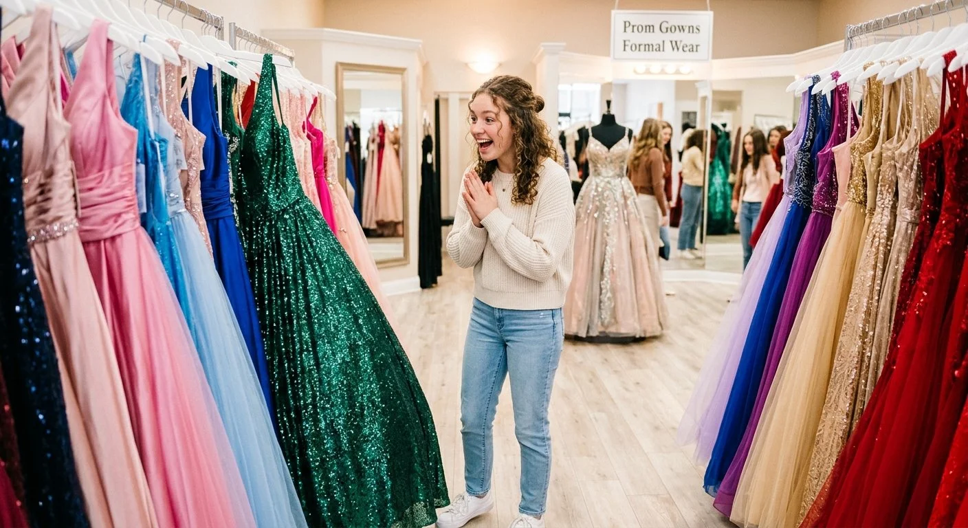 A teenage girl with curly hair looks delightfully excited in a prom dress boutique, clasping her hands together in joy as she gazes at long rows of colorful, shimmering formal gowns hanging on racks around her.