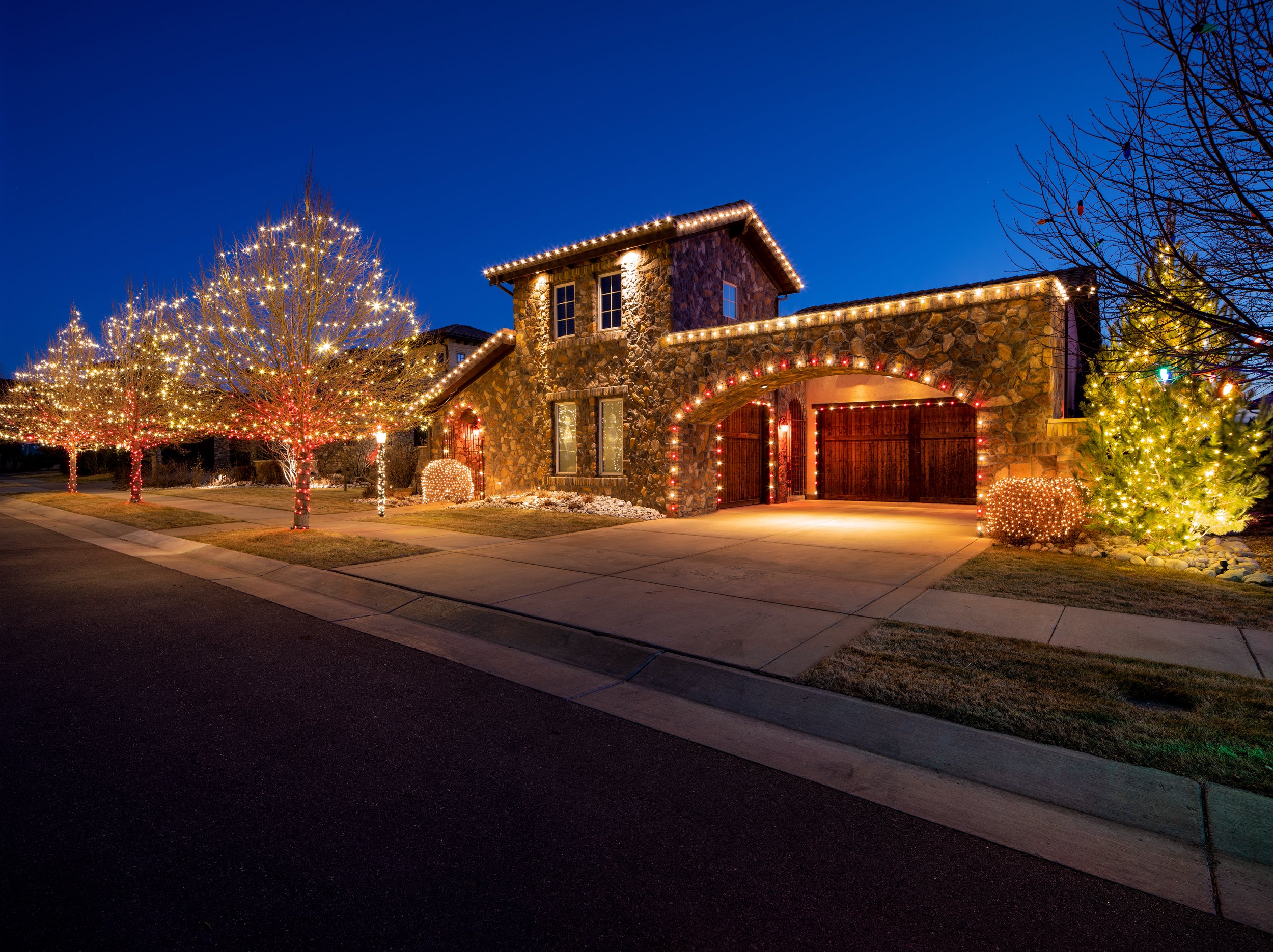 A house decorated with Christmas lights at night, including trees wrapped in lights and an illuminated Christmas tree in the yard.