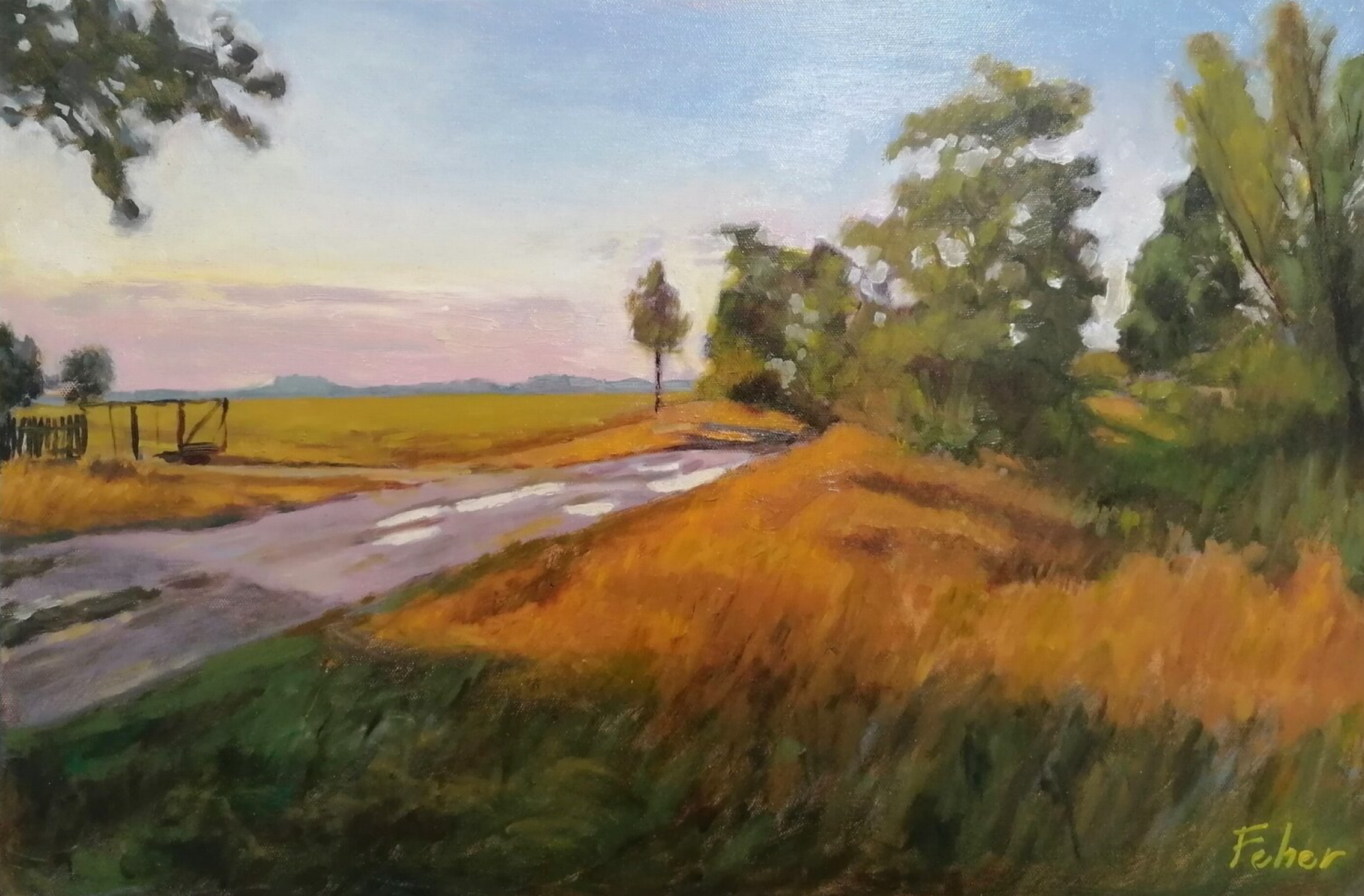 Oil painting of a rural landscape with a dirt road, trees, green fields, and a sky with soft clouds.