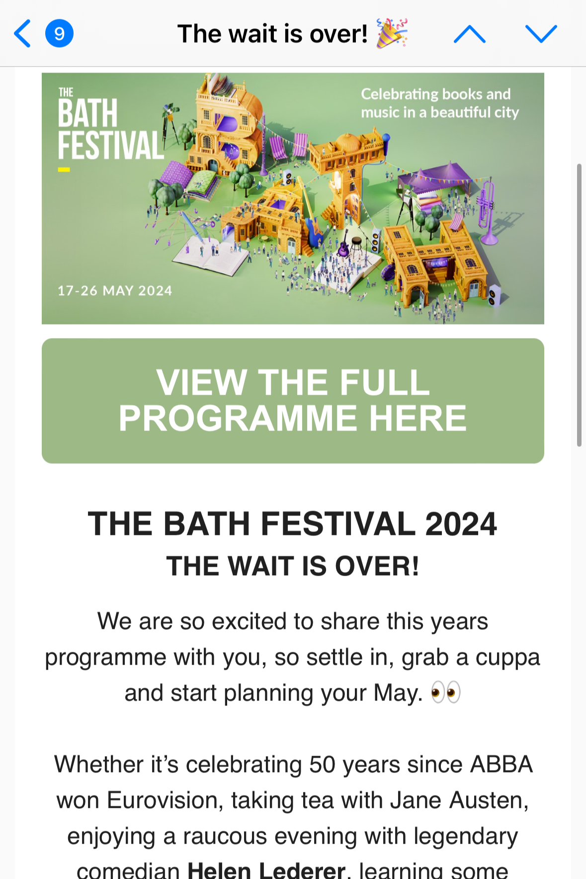 Email screenshot for Bath Festivals included created branded hero image, copy and CTA's