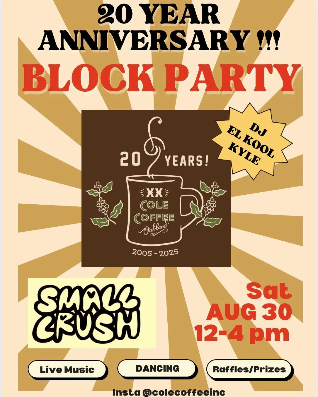 Saturday, Aug. 30 (12-4pm) - don't miss the Cole Coffee 20th Anniversary Block Party with DJs, Dancing, Raffles/Prize, and ... great coffee, of course! 

Cole Coffee
6255 College Ave
@colecoffeeinc 

#coffelover #anniversarycelebration #djmusic #danc