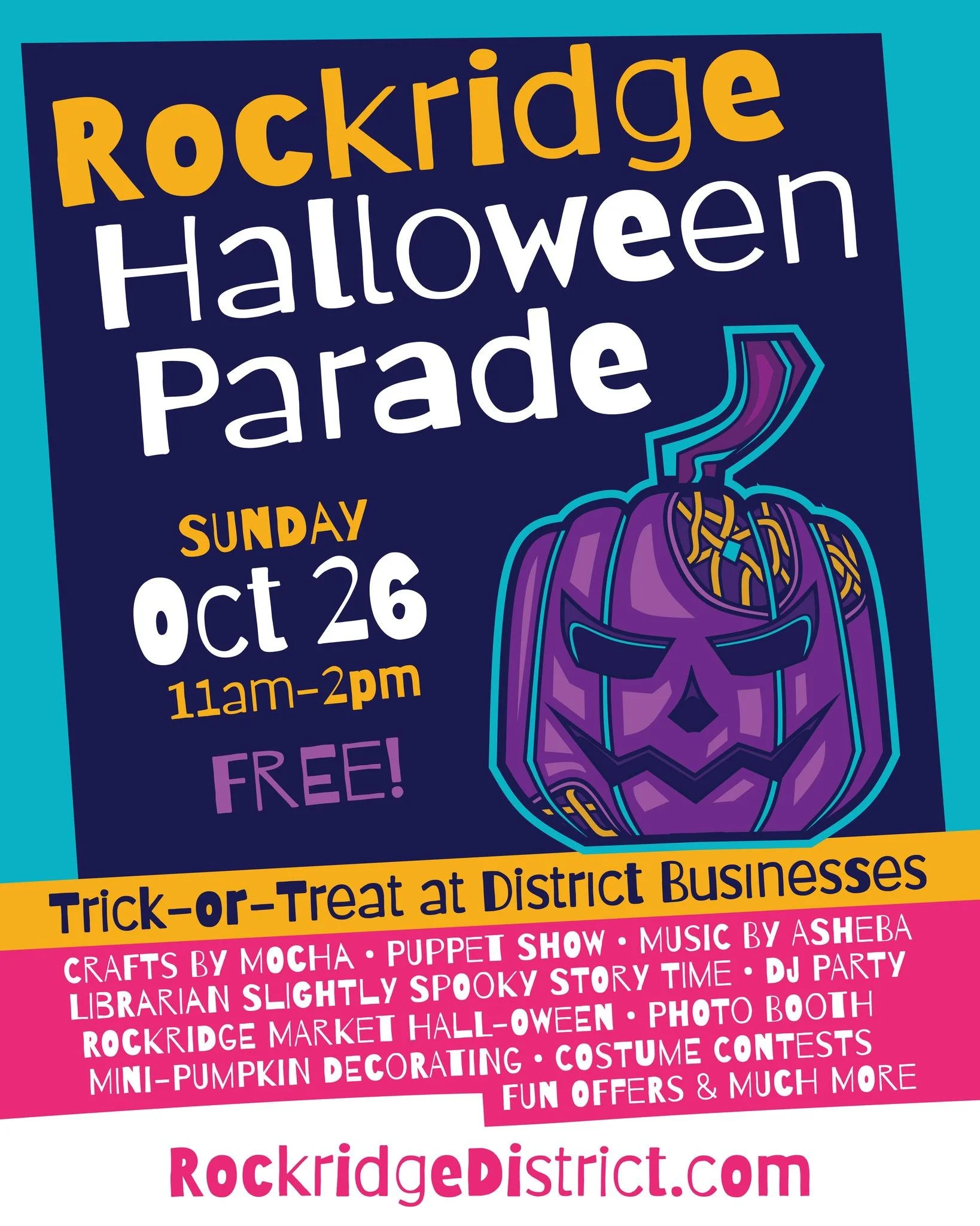 The Annual Rockridge Halloween Parade 🎃 returns on Sunday, October 26 (11am-2pm), free and fun for all ages! Trick-or-Treat at businesses along a full 1 mile of Oakland's College Avenue (and adjacent streets)! 🍭

Activities are planned at two main 
