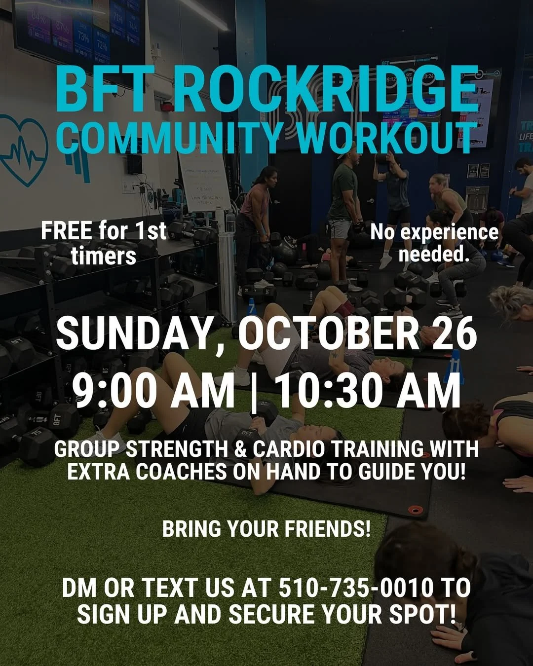 💙 FREE Community Workout &mdash; Sunday, October 26! 💪
Join a FREE strength &amp; cardio training session designed for all fitness levels &mdash; free for first-timers. No experience needed &mdash; BFT's expert coaches will guide you every step of 