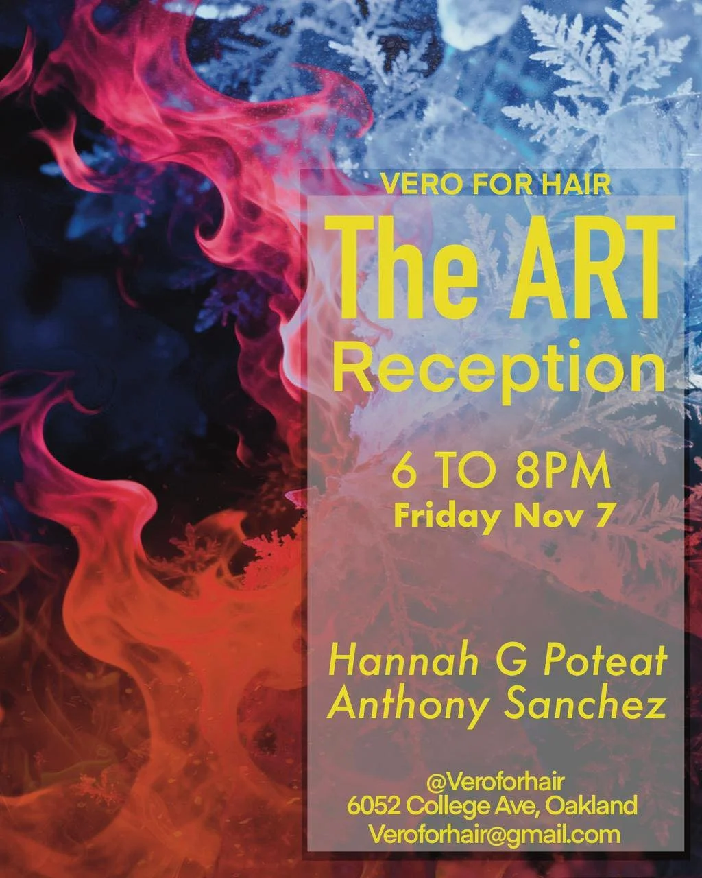 🎨✨ Head to The ART Reception at Vero for Hair happening today (6pm-8pm)! 
Enjoy an evening celebrating creativity, color, and connection &mdash; featuring two incredible local artists:
🖌️ Hannah G. Poteat @not_nsqe &mdash; an Oakland-based abstract