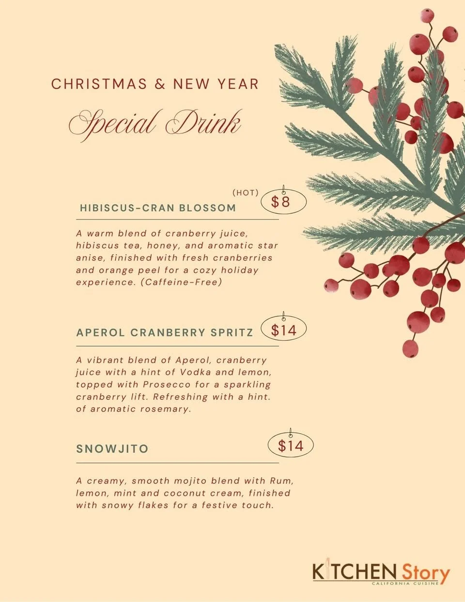 &lsquo;Tis the season to sip something merry! 🎄🍹 Kitchen Story is offering new holiday drinks&mdash;Hibiscus-Cran Blossom, Aperol Cranberry Spritz, and the Snowjito&mdash;to officially shake up the season. It's the perfect way to get festive! ✨ Ava