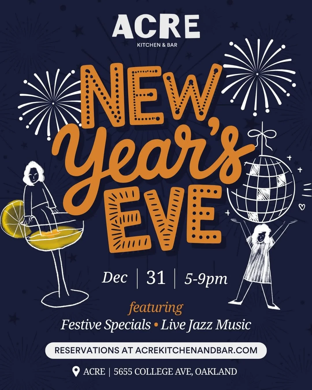 Make your New Year's Eve plans in Rockridge! Start with dinner with live jazz at @acrekitchenandbar then bar crawl to parties and festivities at @ramenshopoakland @the_ricbar @georgeandwaltsbar @billmcnallysirishpub @benandnicks and more! Staying hom