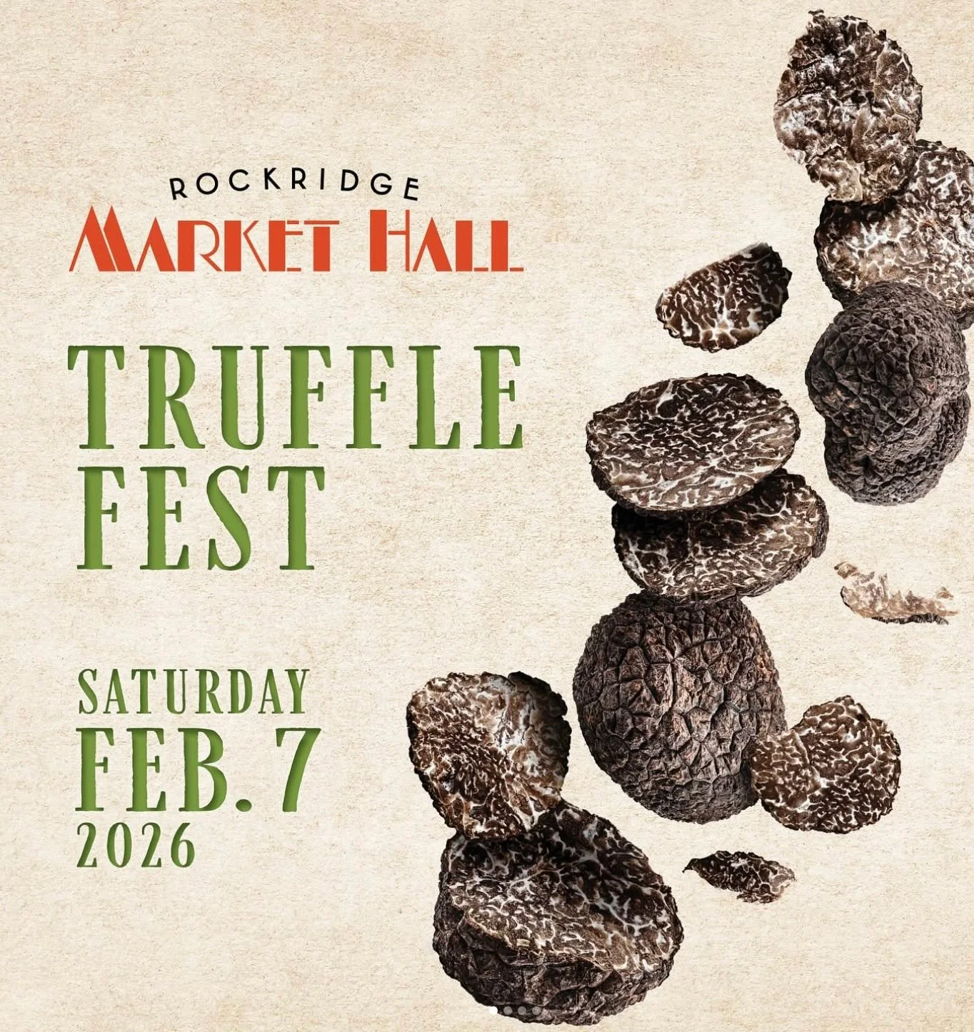 Truffle Fest is back featuring tastings of trufflely goods, housemade truffled treats, and demonstrations with food purveyors.

Feb. 7, 2026, 12pm&ndash;3pm
Rockridge Market Hall
Oaklandrockridgemarkethall.com/events/truffle-fest-2026
@markethallfood