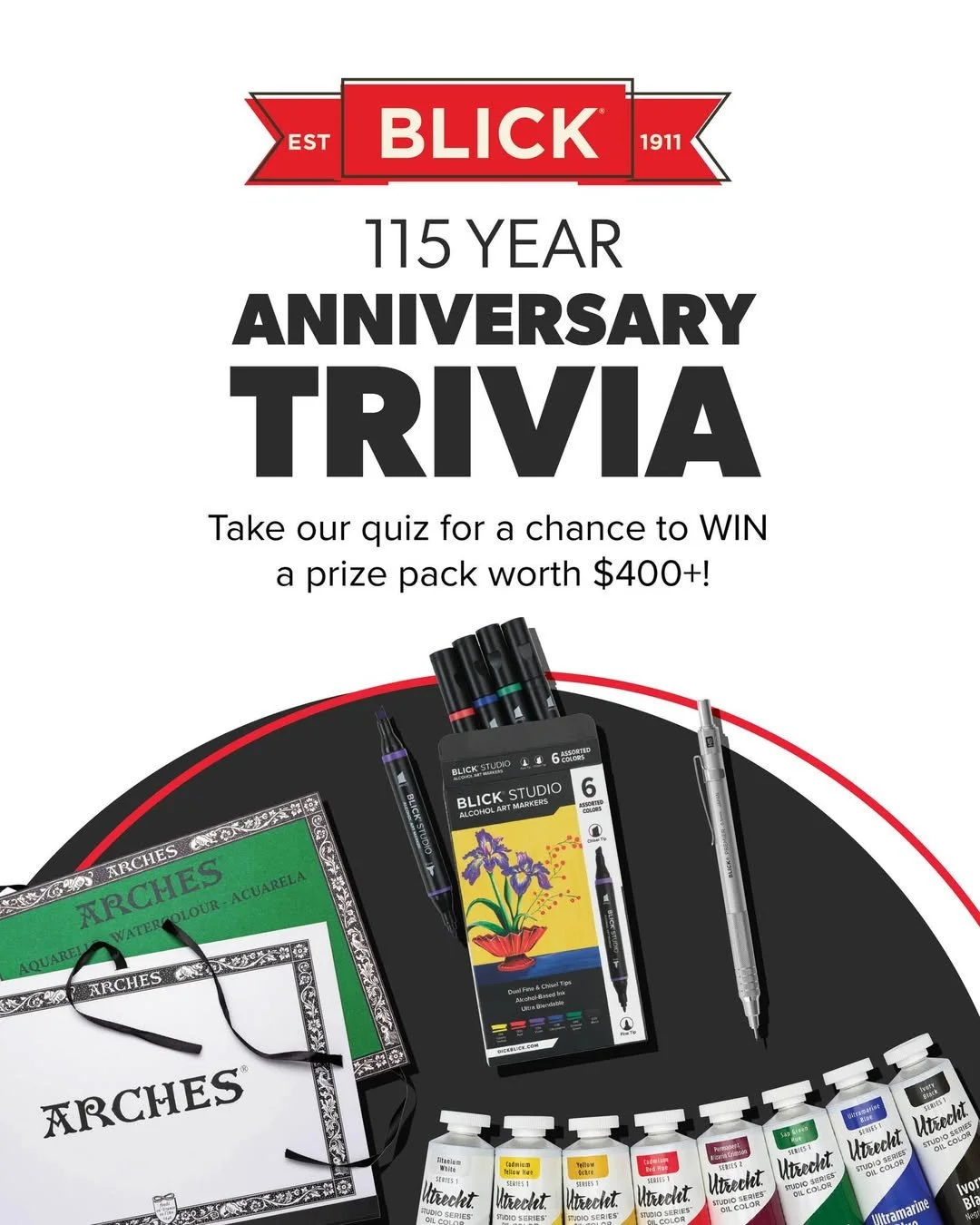 Think you know BLICK? 🎉 Celebrate 115 years of Blick with a quick trivia quiz: no right answers required. Enter now for a chance to win one of five curated prize packs worth over $400 value each ✨ 
Enter here: https://ow.ly/sPsG50YFJCC

Choose your 