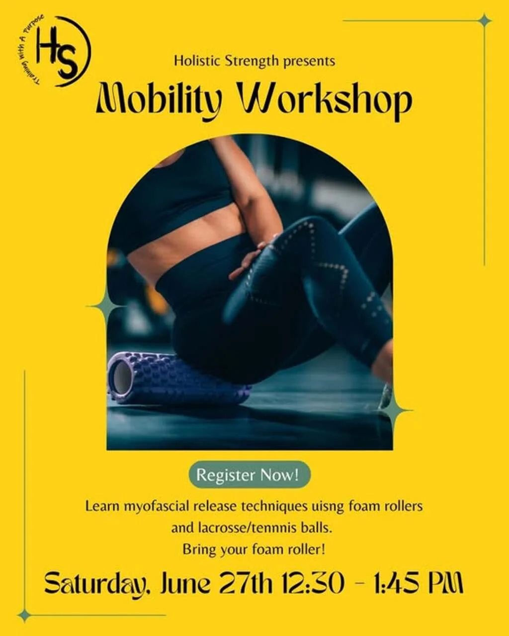 presents a free Mobility Workshop!
Learn myofascial release techniques using foam rollers and lacrosse/tennis balls. Bring your foam roller! 

Holistic Strength
Saturday, June 27, 12:30 - 1:45 PM
5858 College Ave
holisticstrengthgym.com

@holisticstr