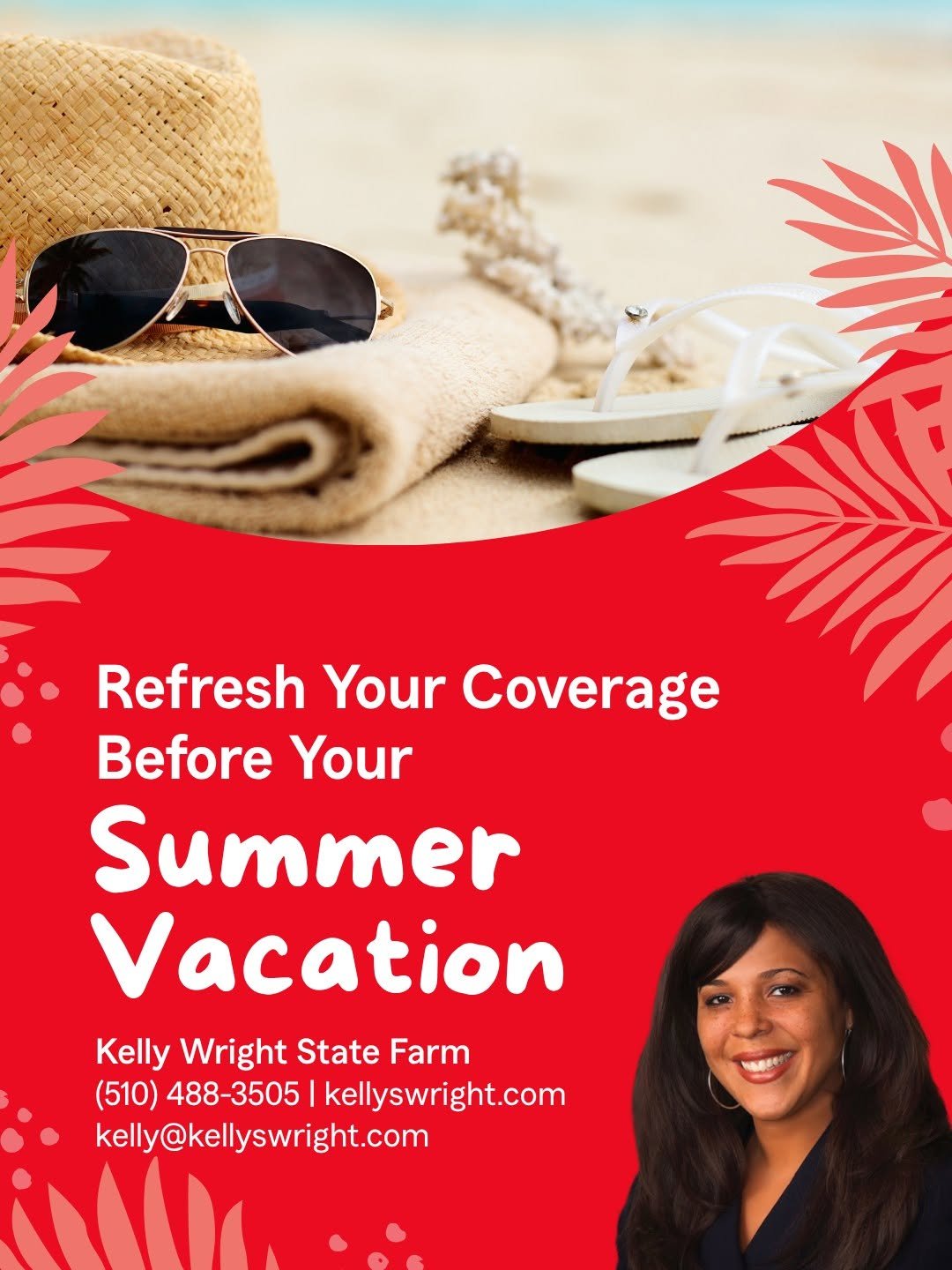 Bags packed? Sunscreen ready? Coverage updated? ☀️️ Give your insurance a quick check‑up before vacation so you can relax without worry. Reach out to schedule your summer coverage review.

Kelly Wright State Farm
📞 510-488-3505
💻 http://ow.ly/3o383
