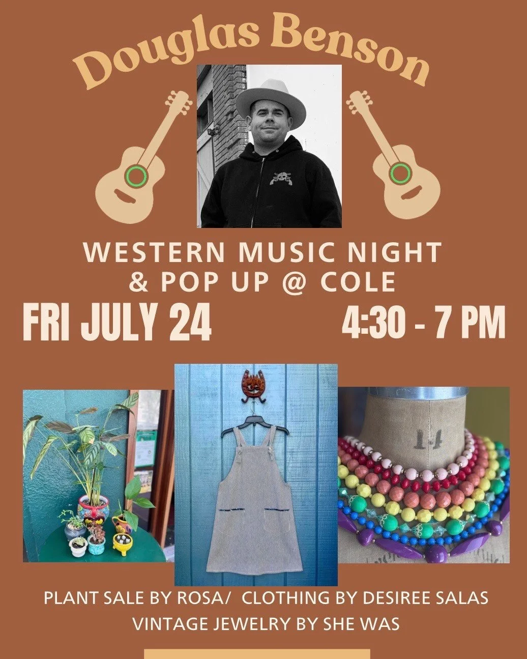 Douglas Benson at @colecoffeeinc on Friday, July 24 @4:30pm

WESTERN MUSIC NIGHT &amp; POP UP 
PLANT SALE BY ROSA
CLOTHING BY DESIREE SALAS
VINTAGE JEWELRY BY SHE WAS

6255 College Ave
#rockridgedistrict #rockridgeoakland #popups #countrymusic
