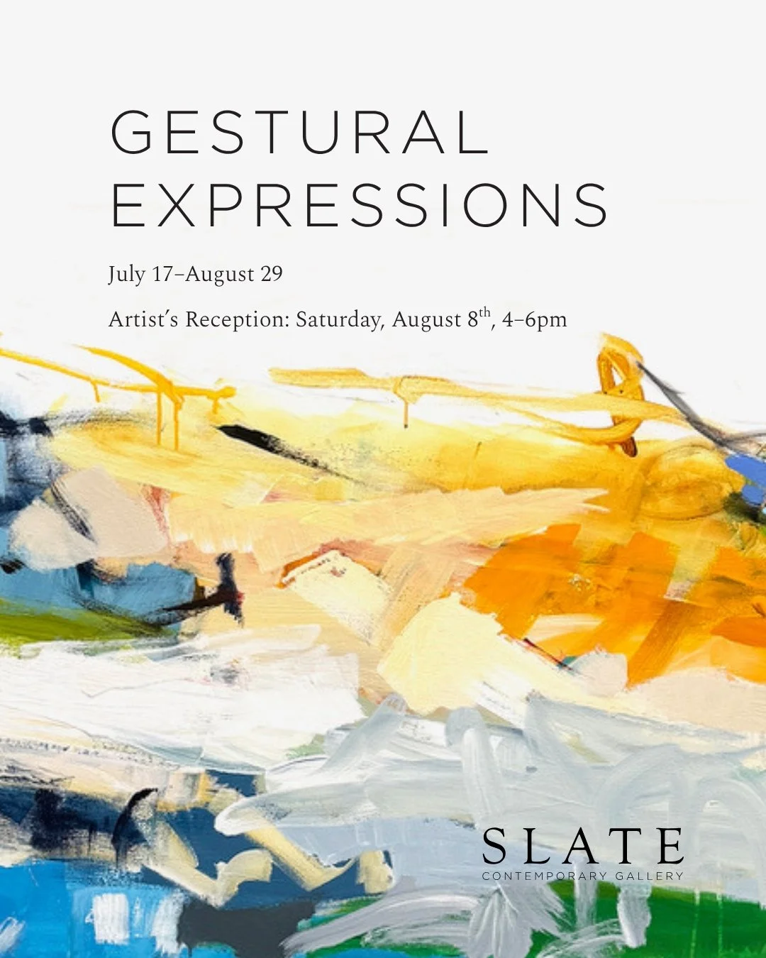 SLATE Contemporary Gallery presents &ldquo;Gestural Expressions&rdquo;, an exhibition which brings together five accomplished women artists working in gestural abstraction: Maria Burtis, Amy Donaldson, Nicole Mueller, Karen Silve, and Joanne Fox. 

T
