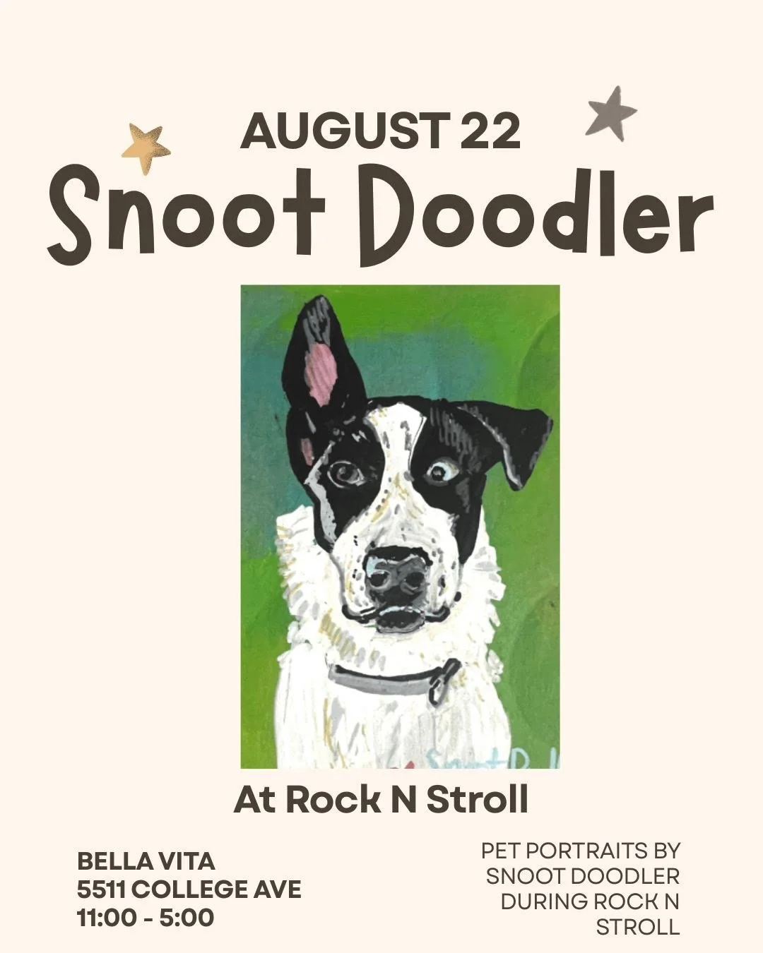 Bring your bestie to Rockridge Rock-N-Stroll for portraits by local artists either at Bella Vita (5511 College Ave) or Atomic Garden (5453 College Ave)! Pups who can handle a bustling College Avenue will find treats, water bowls, and loads of lovin' 
