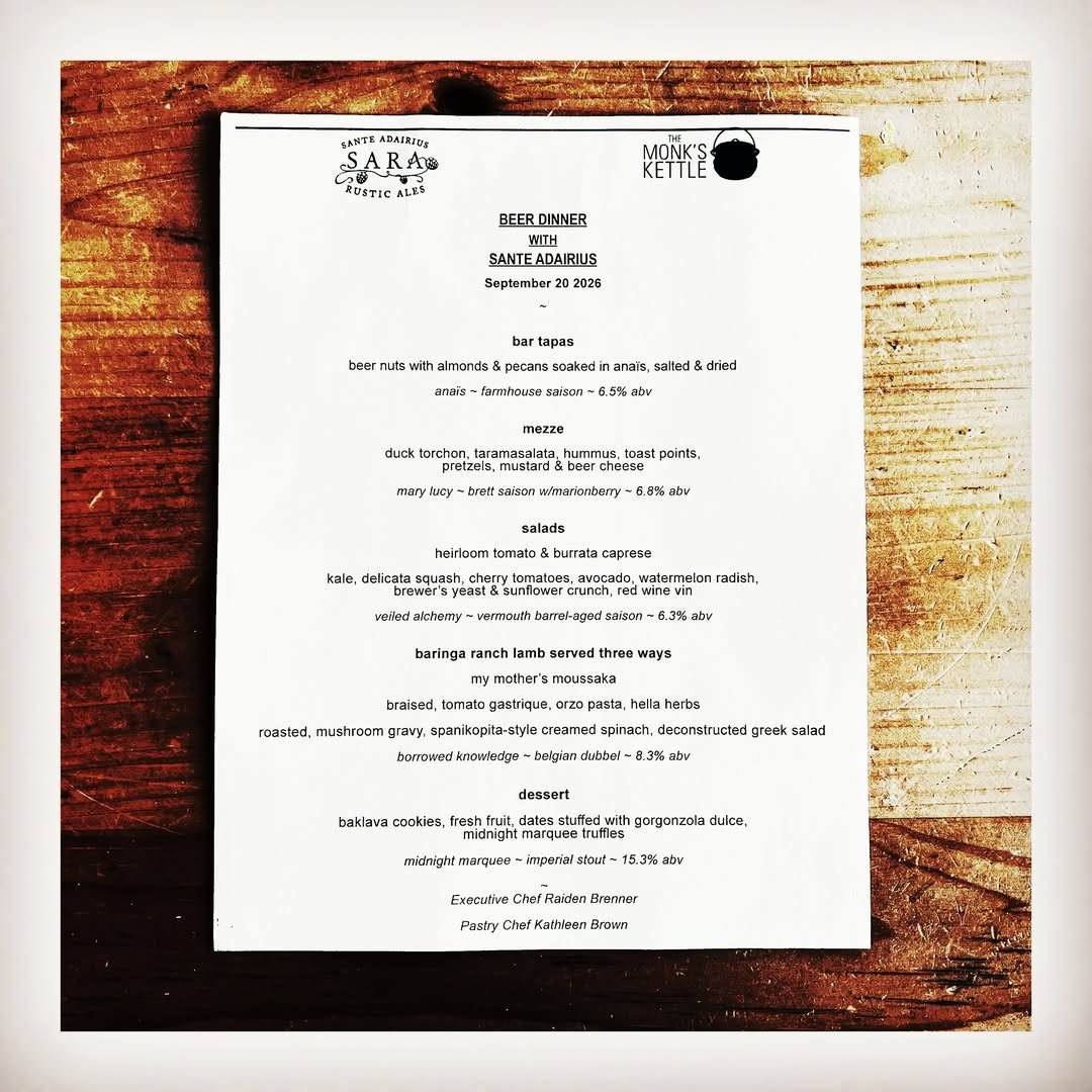 One week left until The Monk's Kettle very special beer dinner with Sante Adairius. Next Sunday they are doing a family-style feast modeled on the original Oktoberfest celebration. 

Just a few tickets left (2 for the 7pm seating and 5 for the 7:30 s