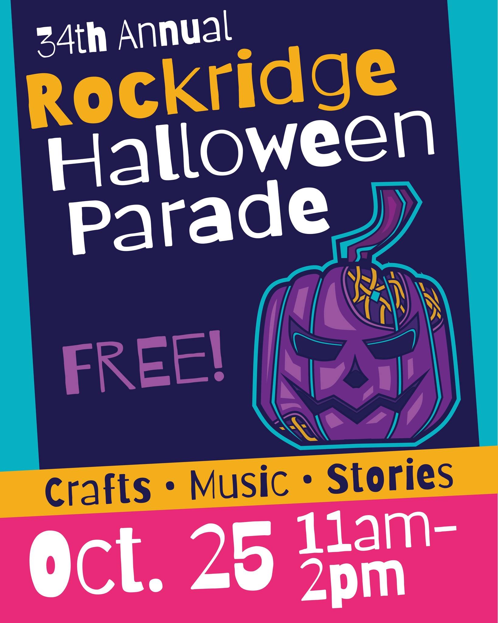 Save the date for the spookiest day of the year in Rockridge! Join us for the 34th Annual Rockridge Halloween Parade for trick-or-treating at district businesses, crafts, music, story time, costume contests, and more! 

Details coming soon to Rockrid