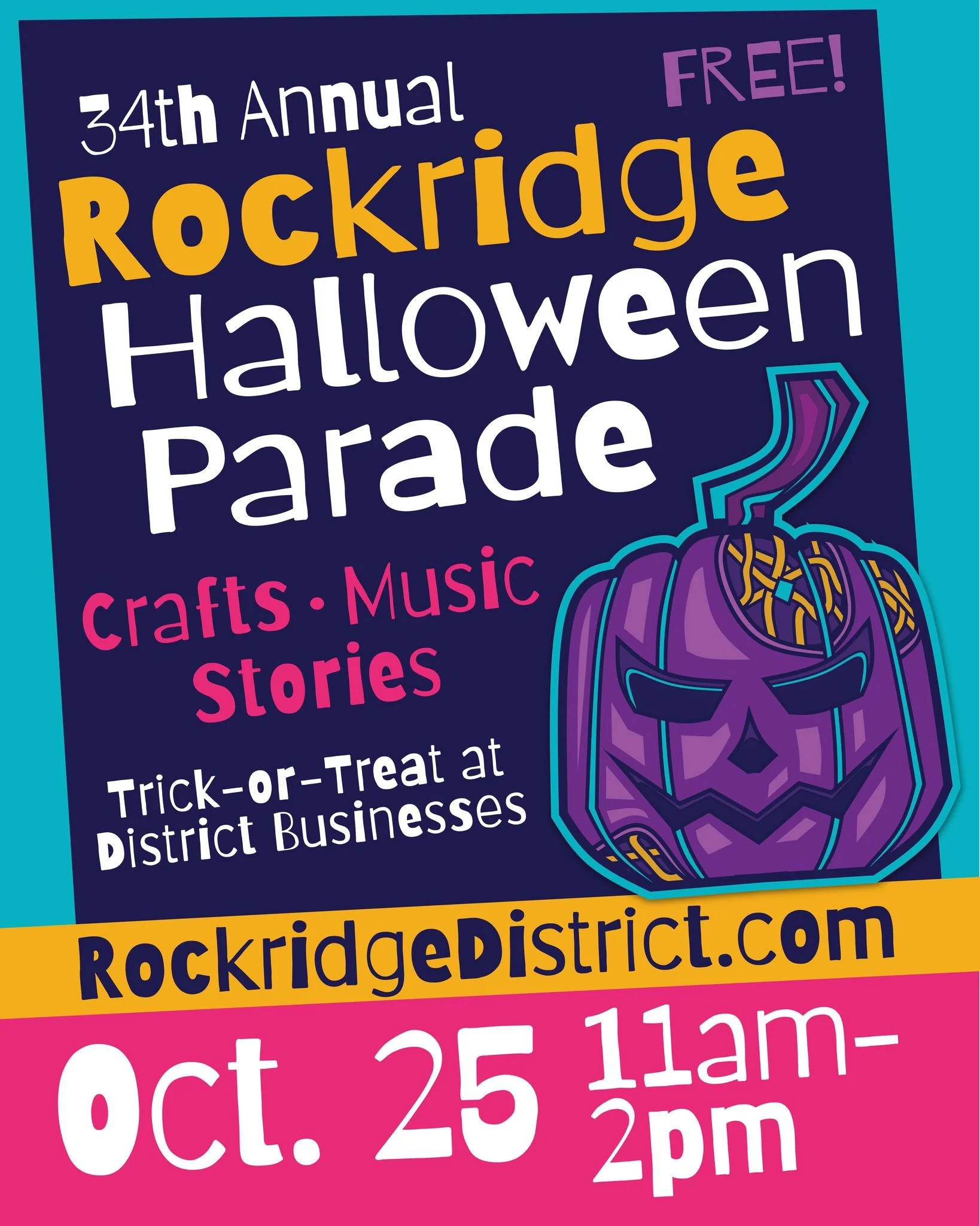 🎃👻 Halloween Fun for the Whole Family! 👻🎃
Get those costumes ready! The 34th Annual Rockridge Halloween Parade returns Sunday, Oct. 25 (11am to 2pm) bringing a mile of Halloween magic in Oakland!

🍬 Trick-or-Treat at 40+ participating locations
