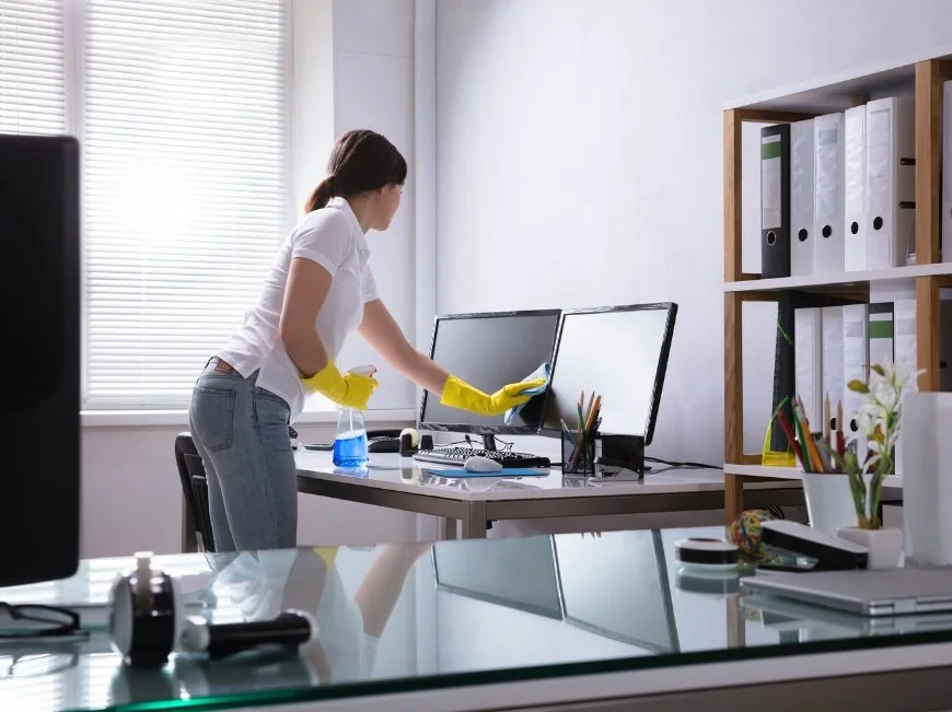 Woman cleaning computer monitors in an office with cleaning supplies