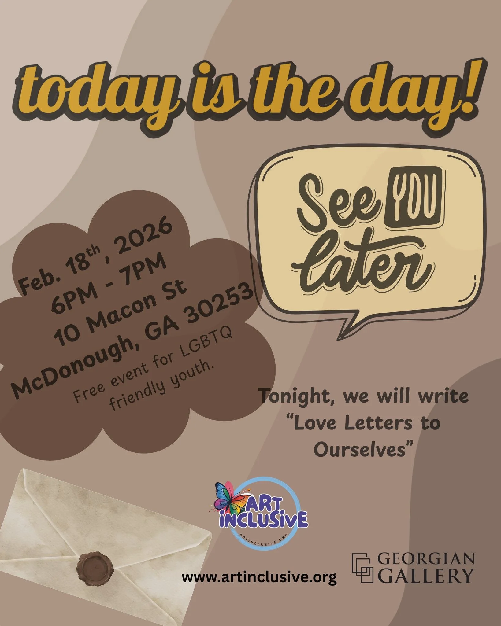 Hey friends! Today we will be writing our letters to ourselves. Hope to see you there, 6pm, at @georgian_gallery.

#artinmcdonough #mcdonoughsquare #loveyourselfalways #artiseverywhere