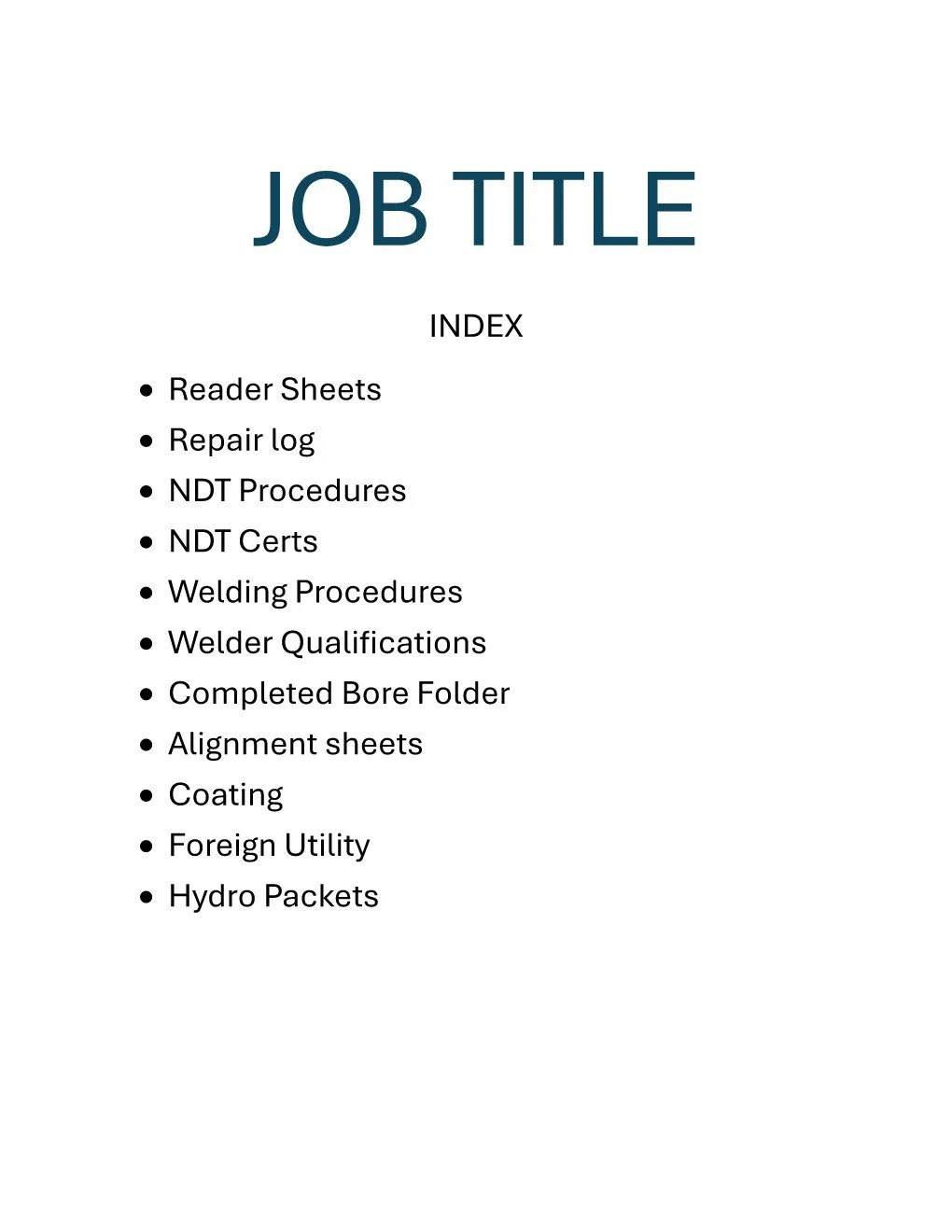 Table of contents page for a job manual, listing sections such as Reader Sheets, Repair Log, NDT Procedures, NDT Certs, Welding Procedures, Welder Qualifications, Completed Bore Folder, Alignment Sheets, Coating, Foreign Utility, and Hydro Packets.