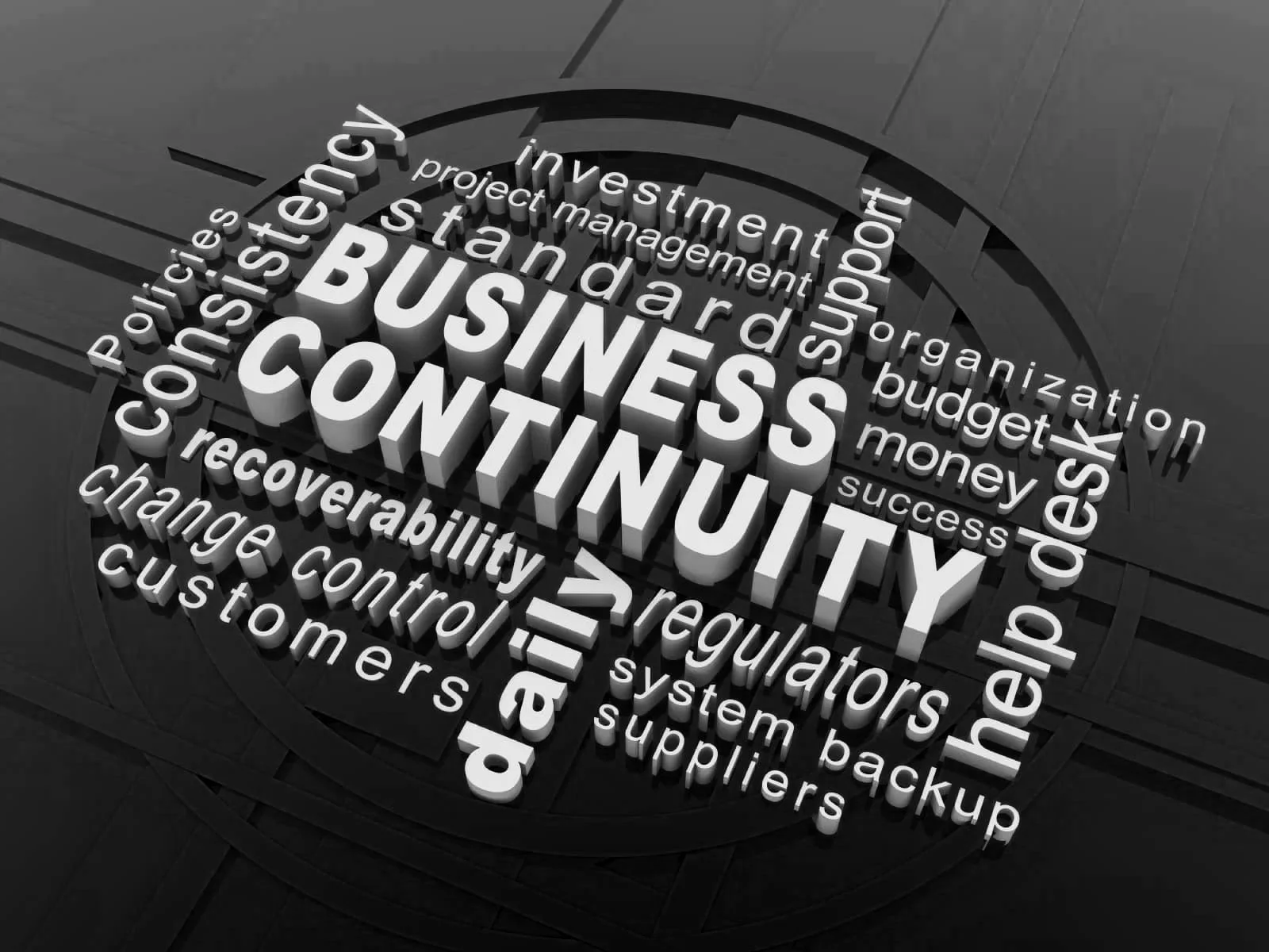 Golden gears with the words 'business' and 'continuity' engraved on them, surrounded by metallic cogs.