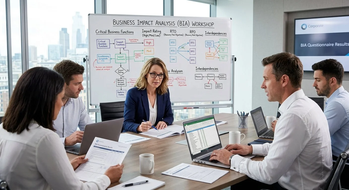 People sitting at a conference table with open laptop, notebook, and phone, engaged in discussion.