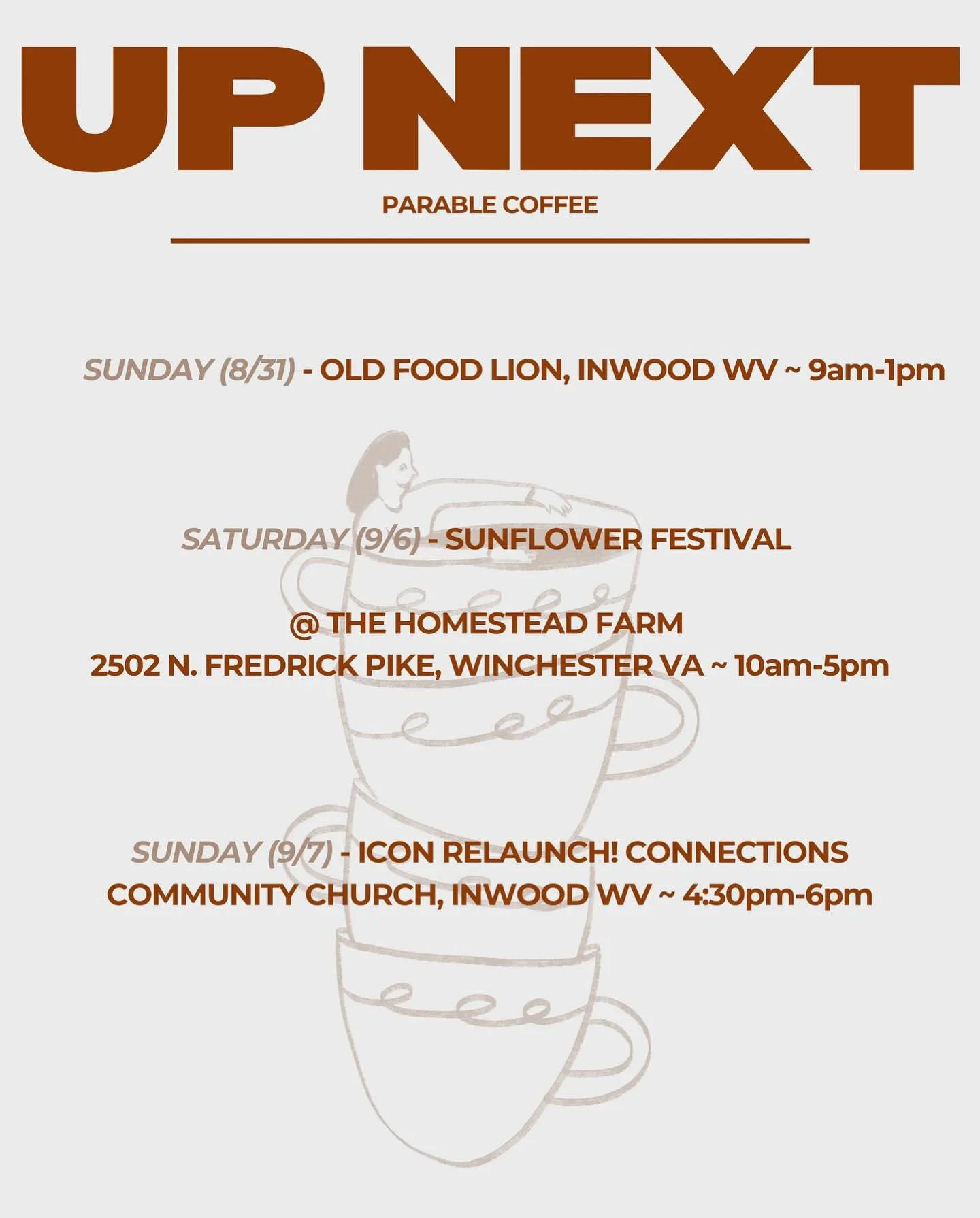 UPCOMING SCHEDULE!! 
we are so excited to see everyone!
ps. keep your eyes open for the fall menu dropππ