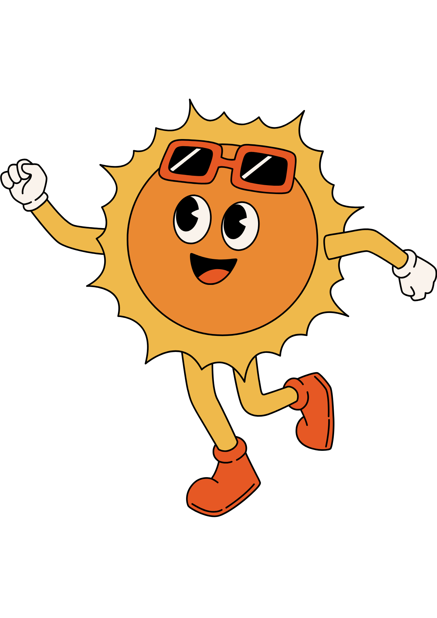 Cartoon anthropomorphized sun character with a smiling face, wearing sunglasses, orange shoes, and white gloves, in a cheerful pose.