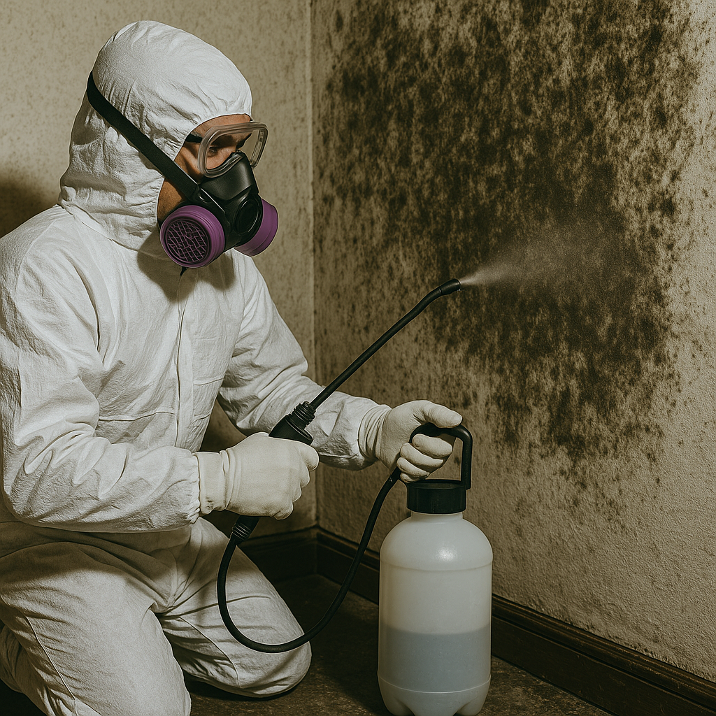 Worker in Full PPE properly performing Mold Remediation, Mold Removal, Black Mold abatement. Mold Clean up. IICRC Mold